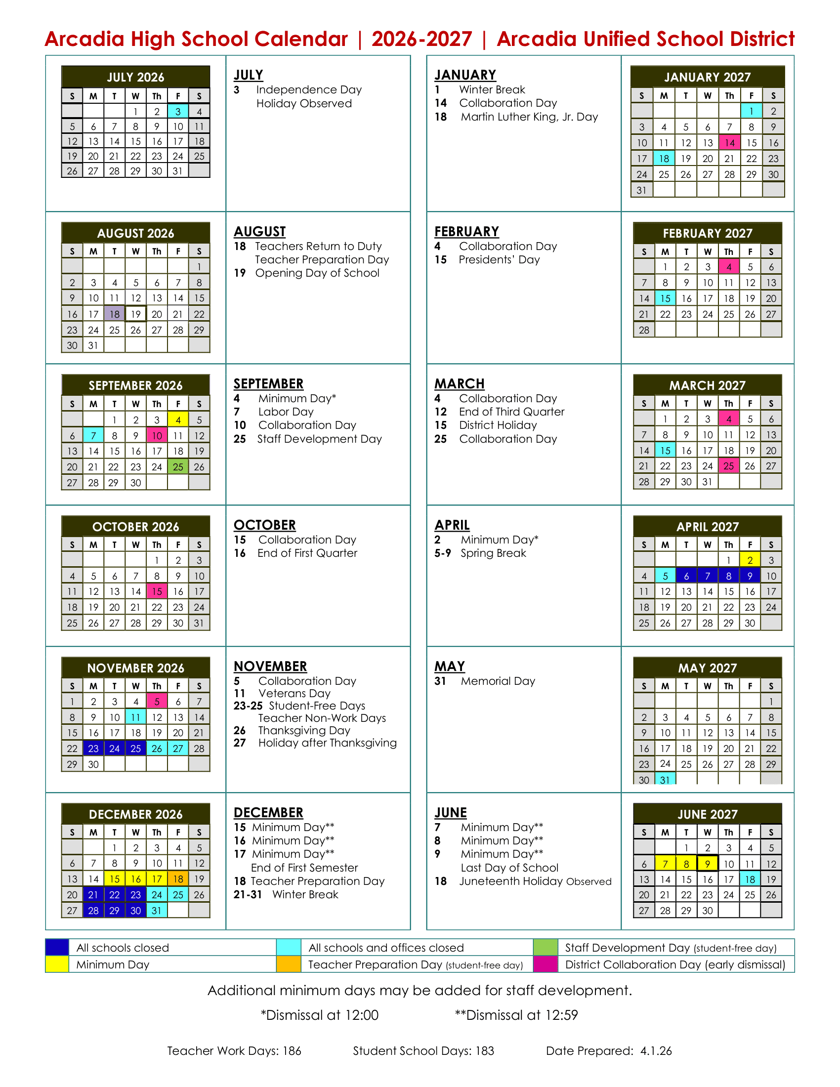 Arcadia Unified School District Calendar 26-27 Revised
