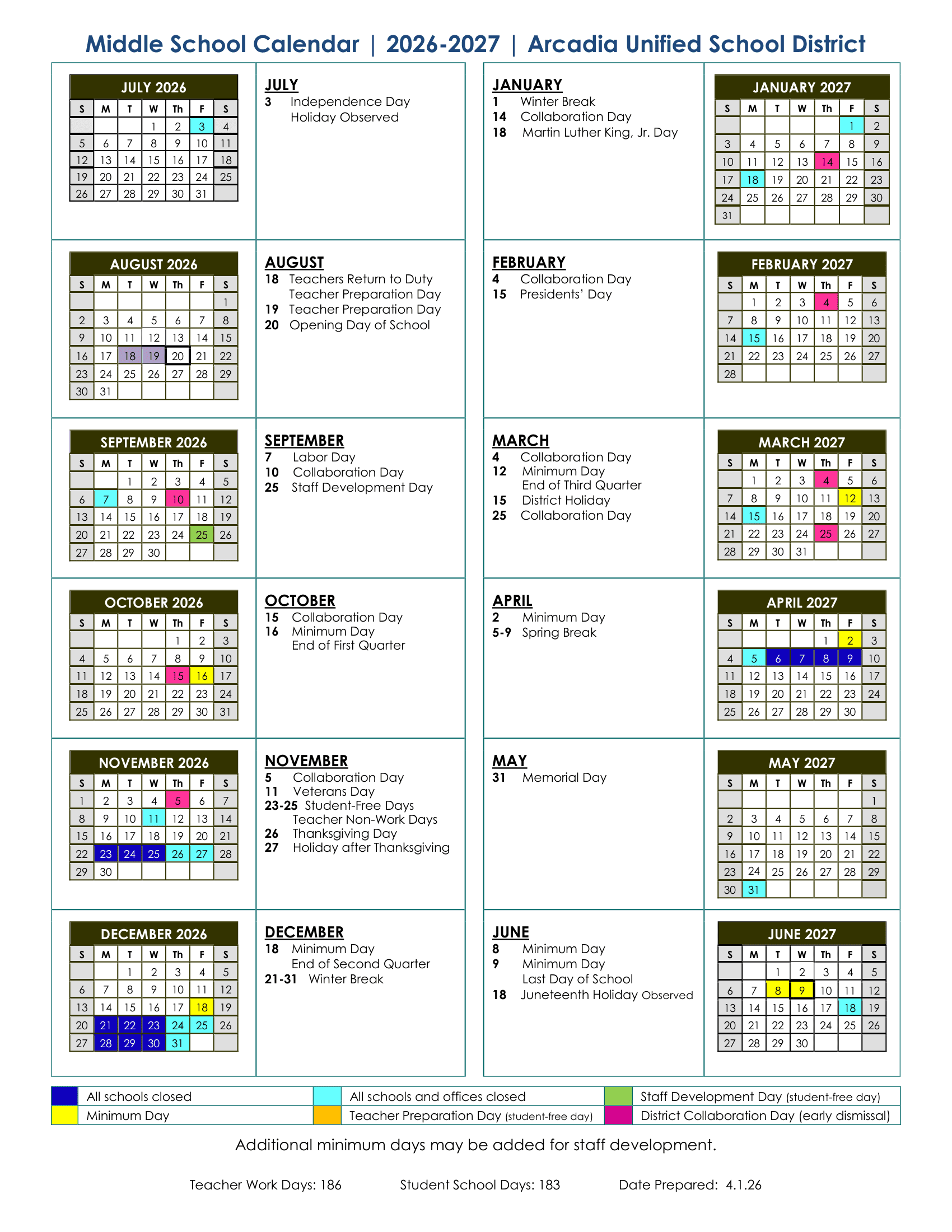 Arcadia Unified School District Calendar 26-27 Revised