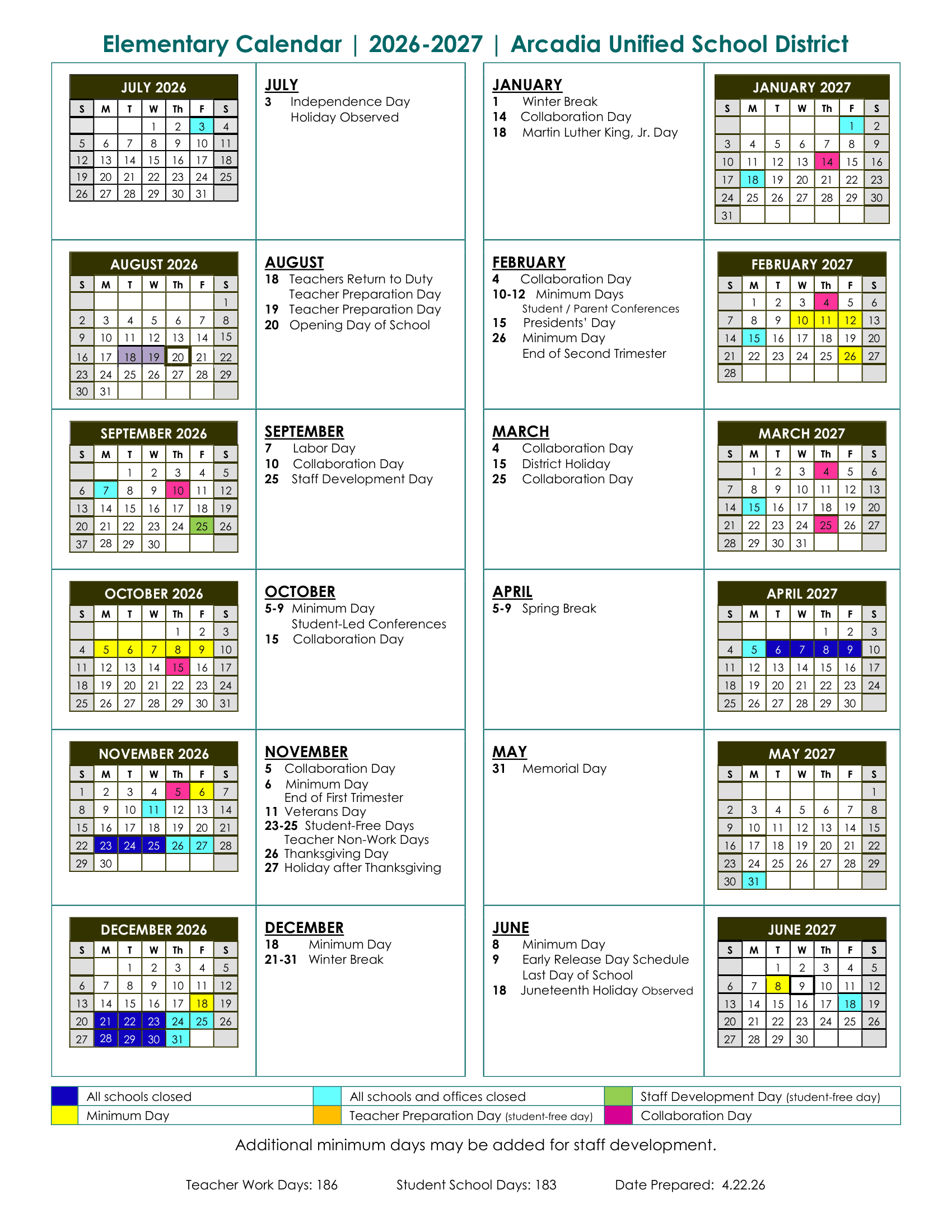 Arcadia Unified School District Calendar 26-27 Revised