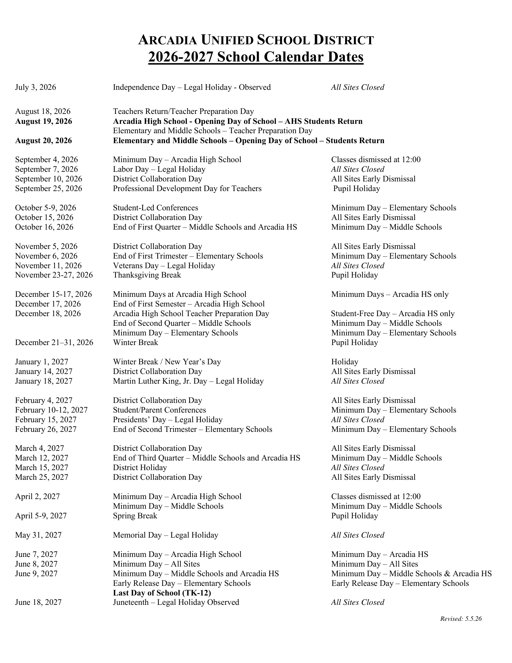 Arcadia Unified School District Calendar 26-27 Revised