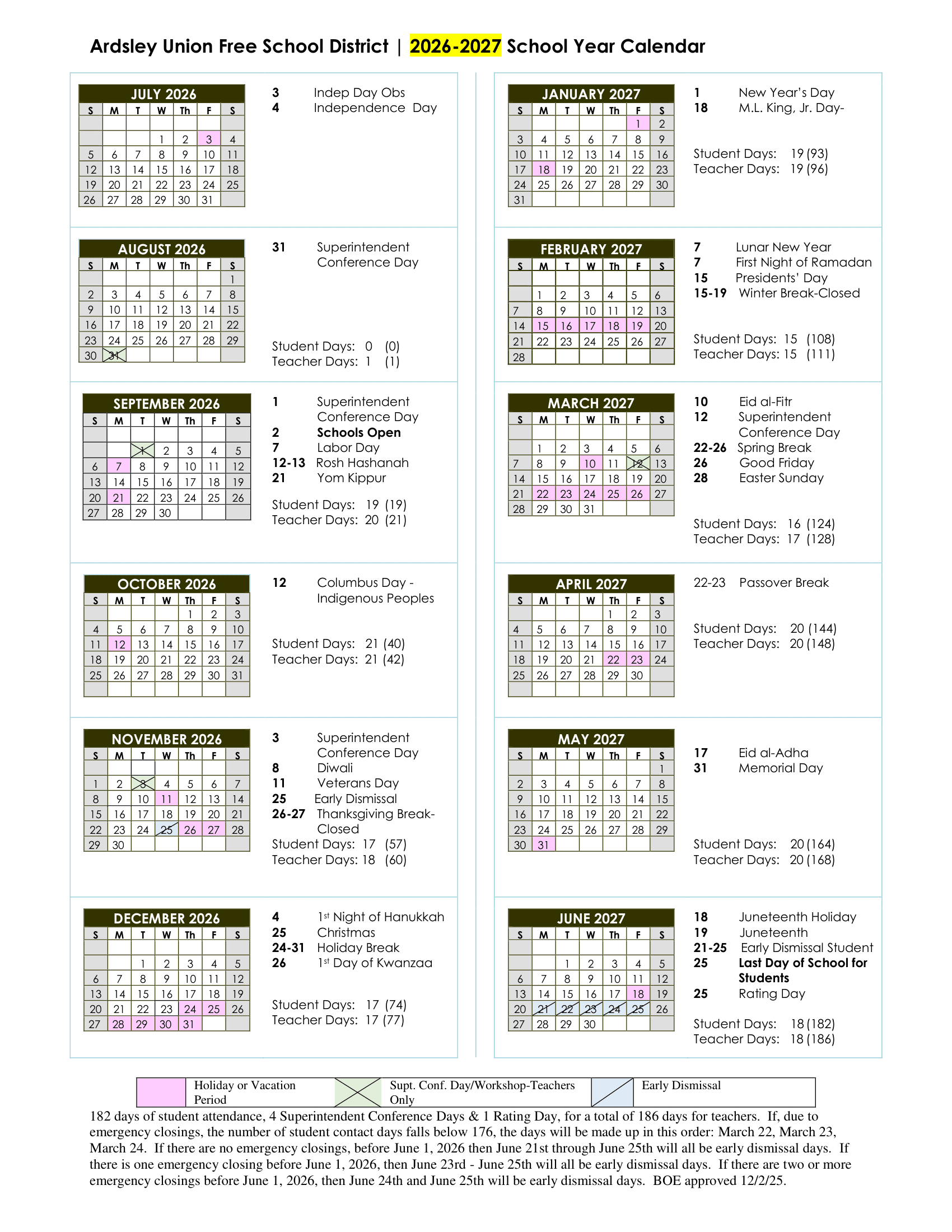 Ardsley Union Free School District Calendar 26-27 Revised