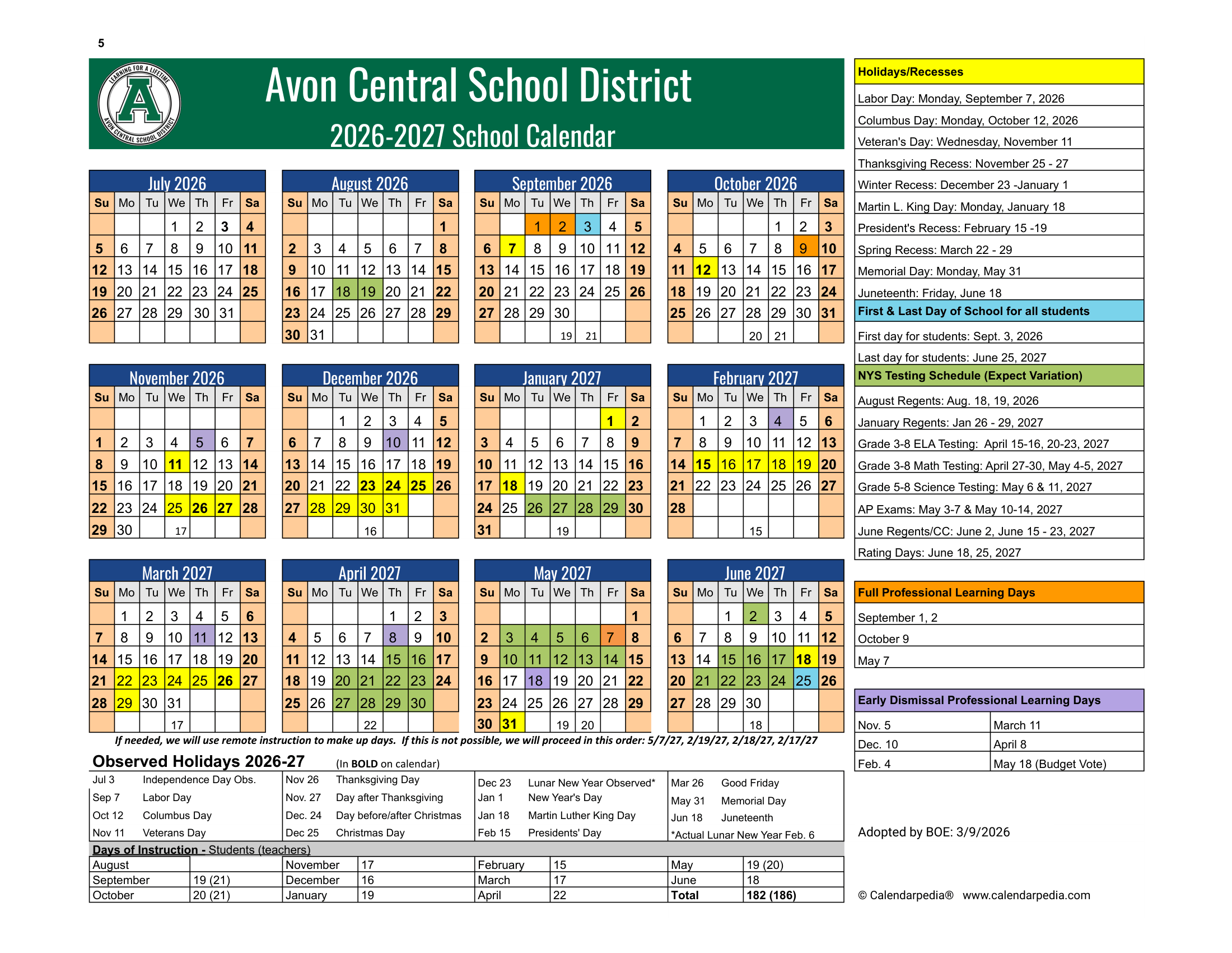 Avon Central School District Calendar 26-27 Revised