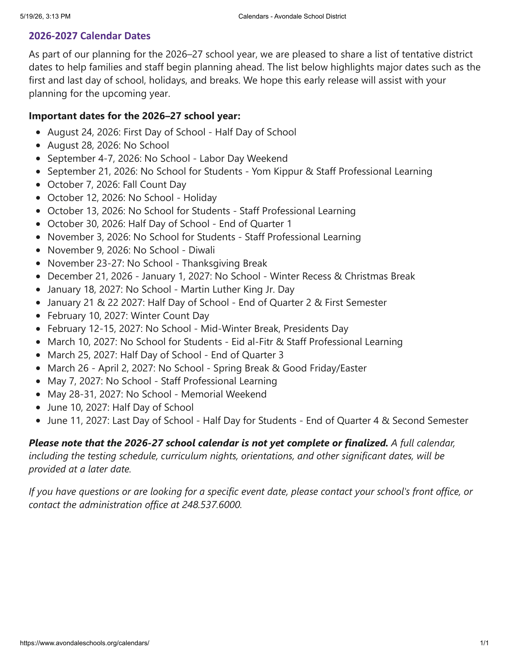 Avondale School District Calendar 26-27 Revised