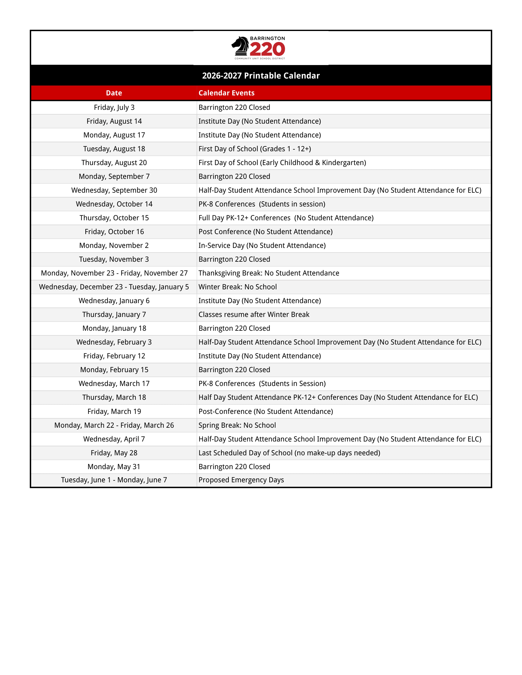 Barrington 220 CUSD Calendar 26-27 Revised