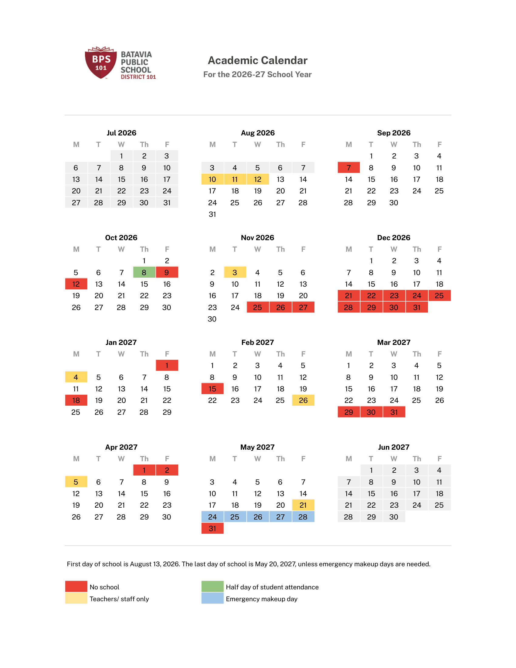 Batavia Public School District 101 Calendar 26-27 Revised