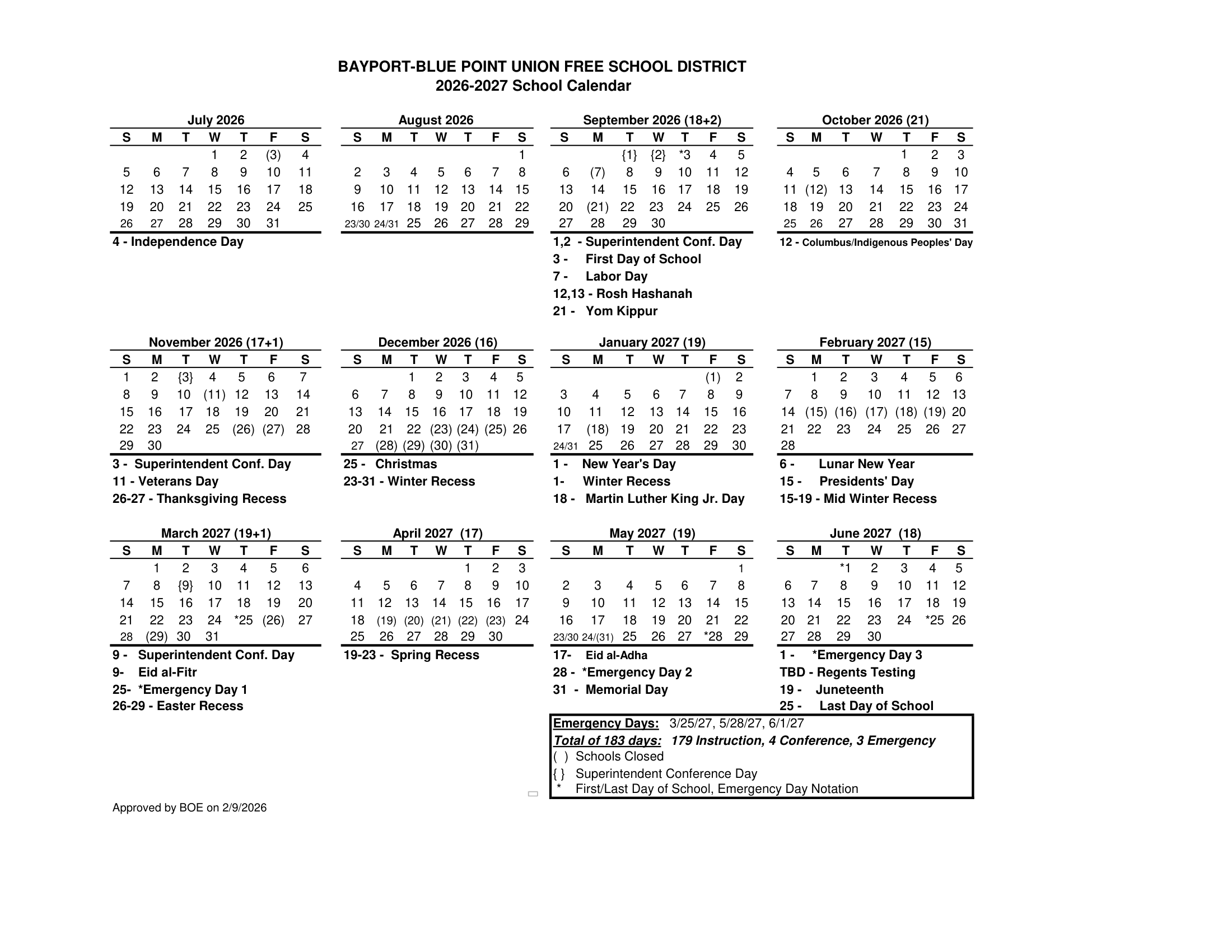 Bayport-Blue Point Union Free School District Calendar 26-27 Revised