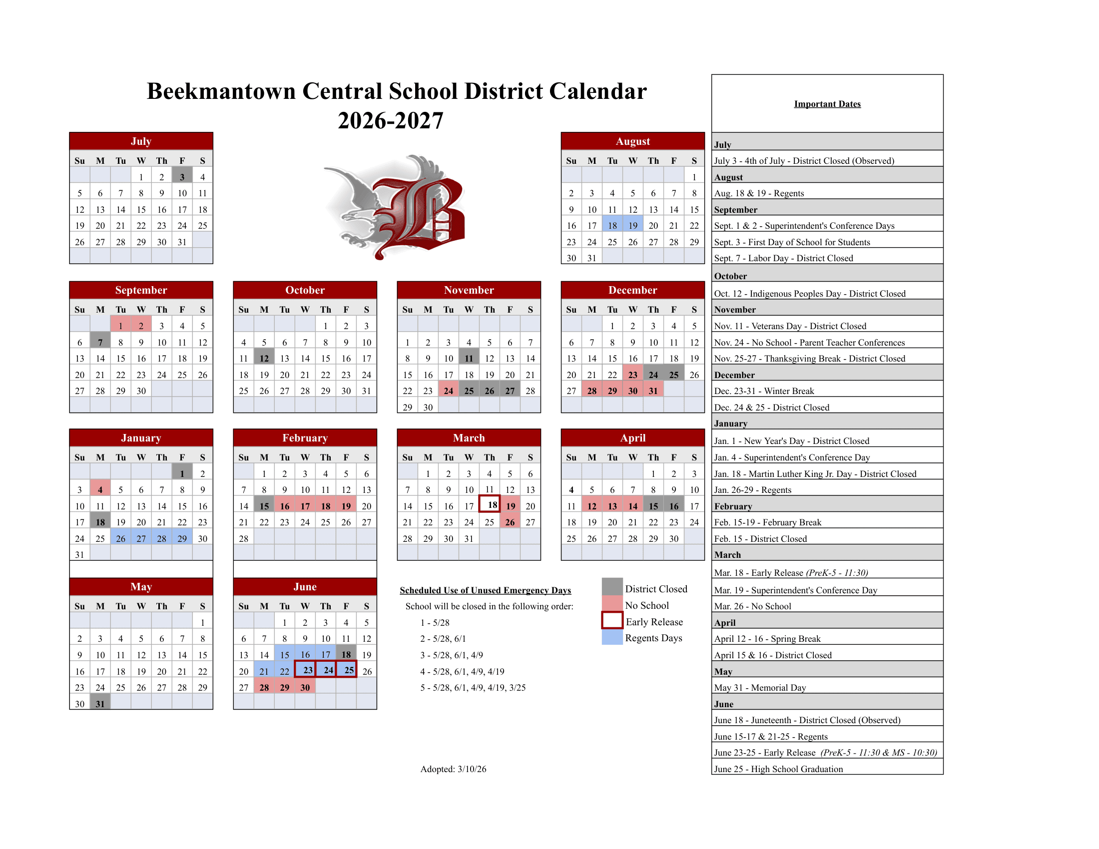 Beekmantown Central School District Calendar 26-27 Revised