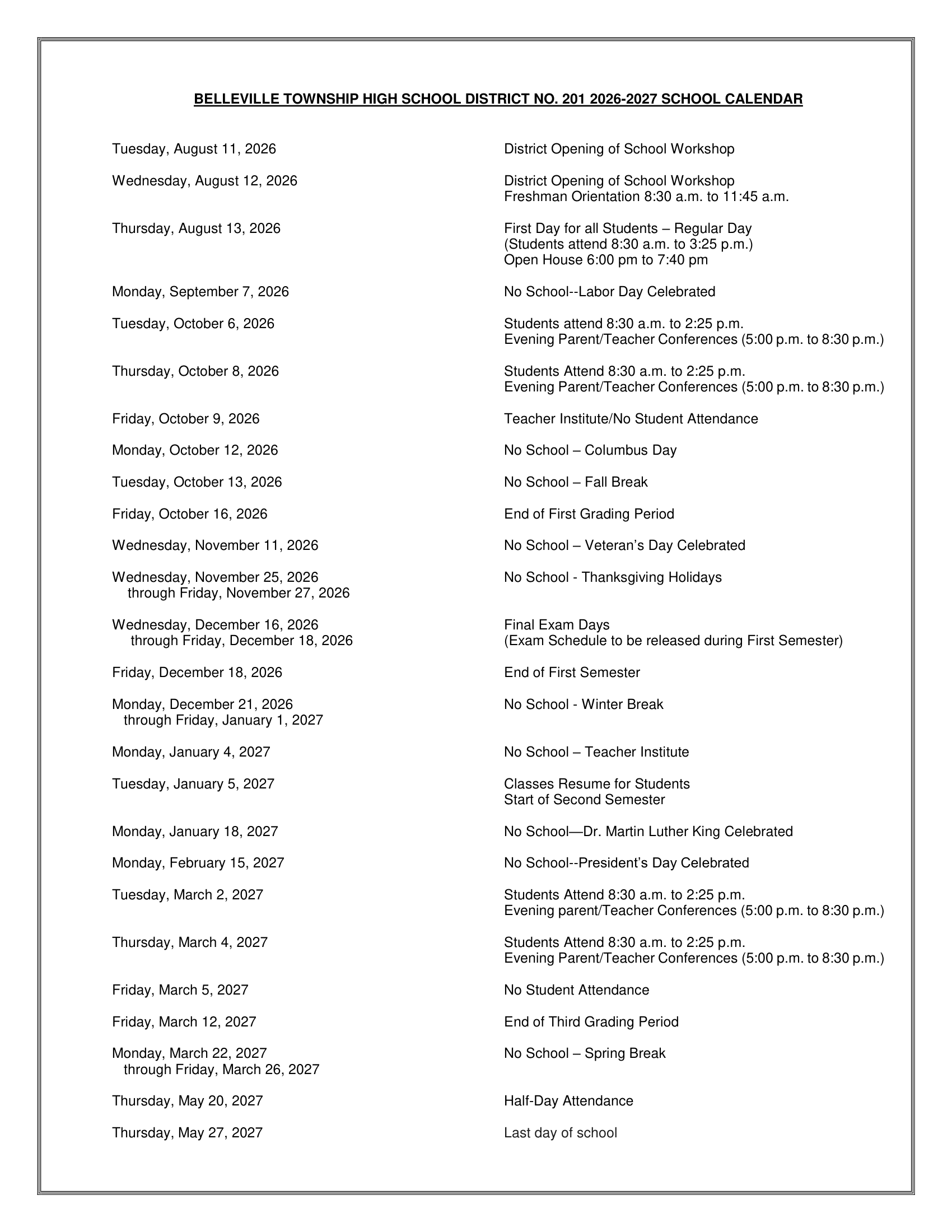 Belleville Township High School District No. 201 Calendar 26-27 Revised