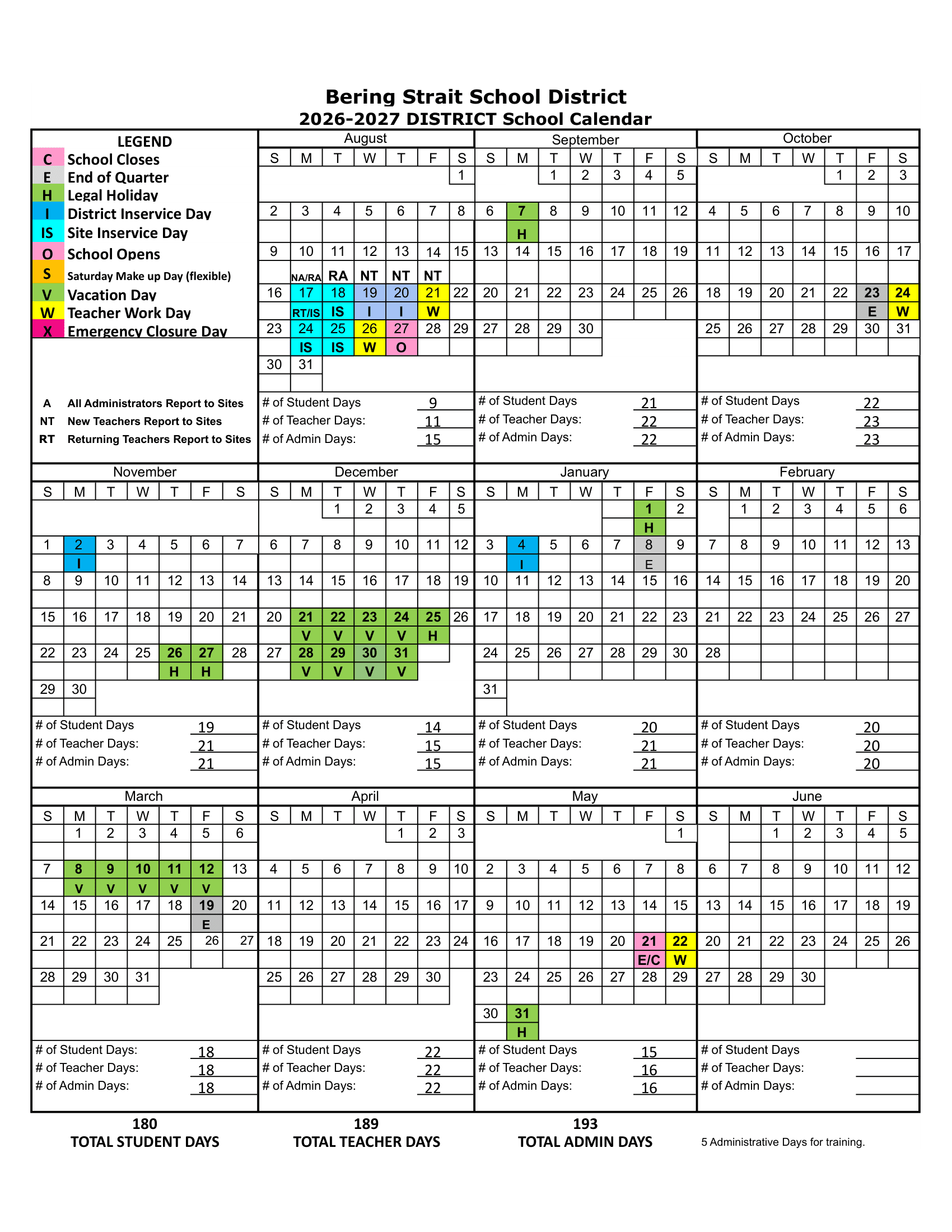 Bering Strait School District Calendar 26-27 Revised