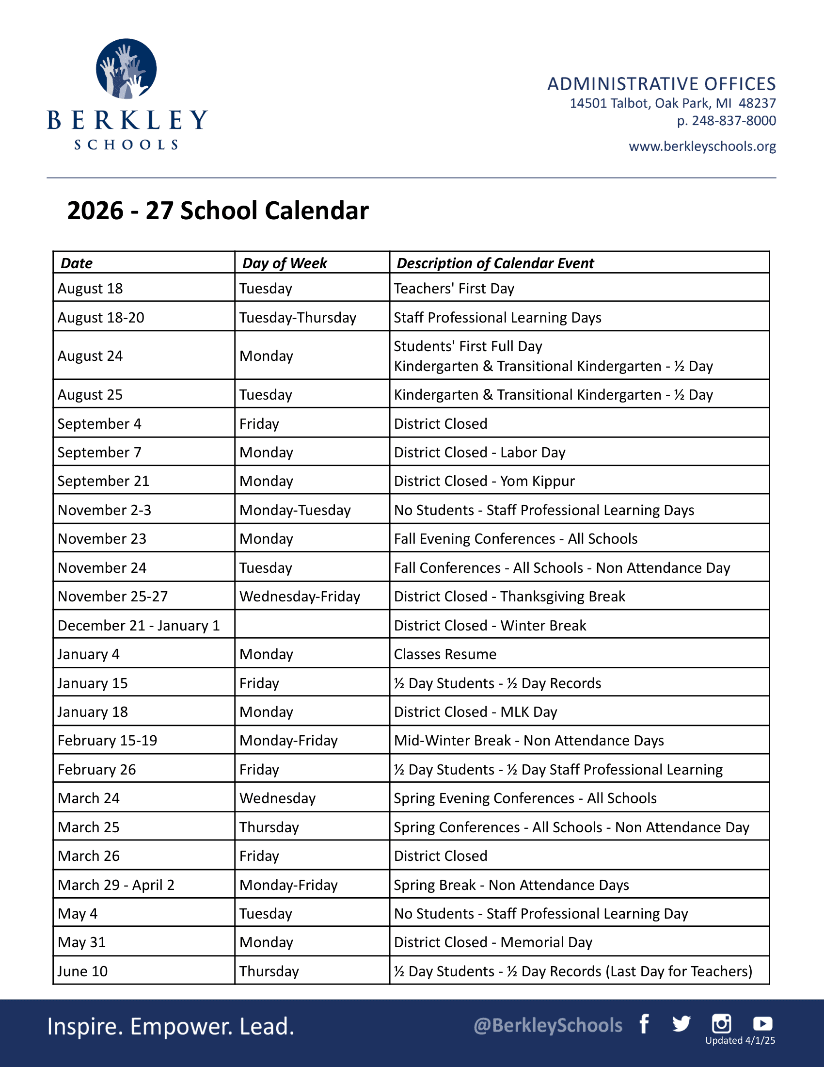 Berkley Schools Calendar 26-27 Revised