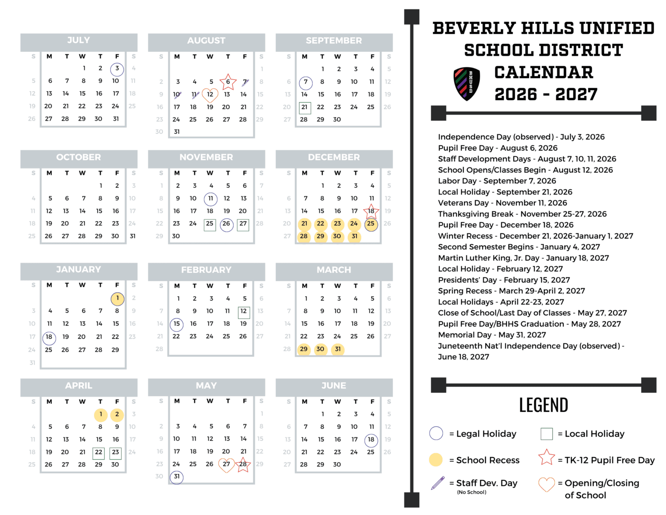 Beverly Hills Unified School District Calendar 26-27 Revised