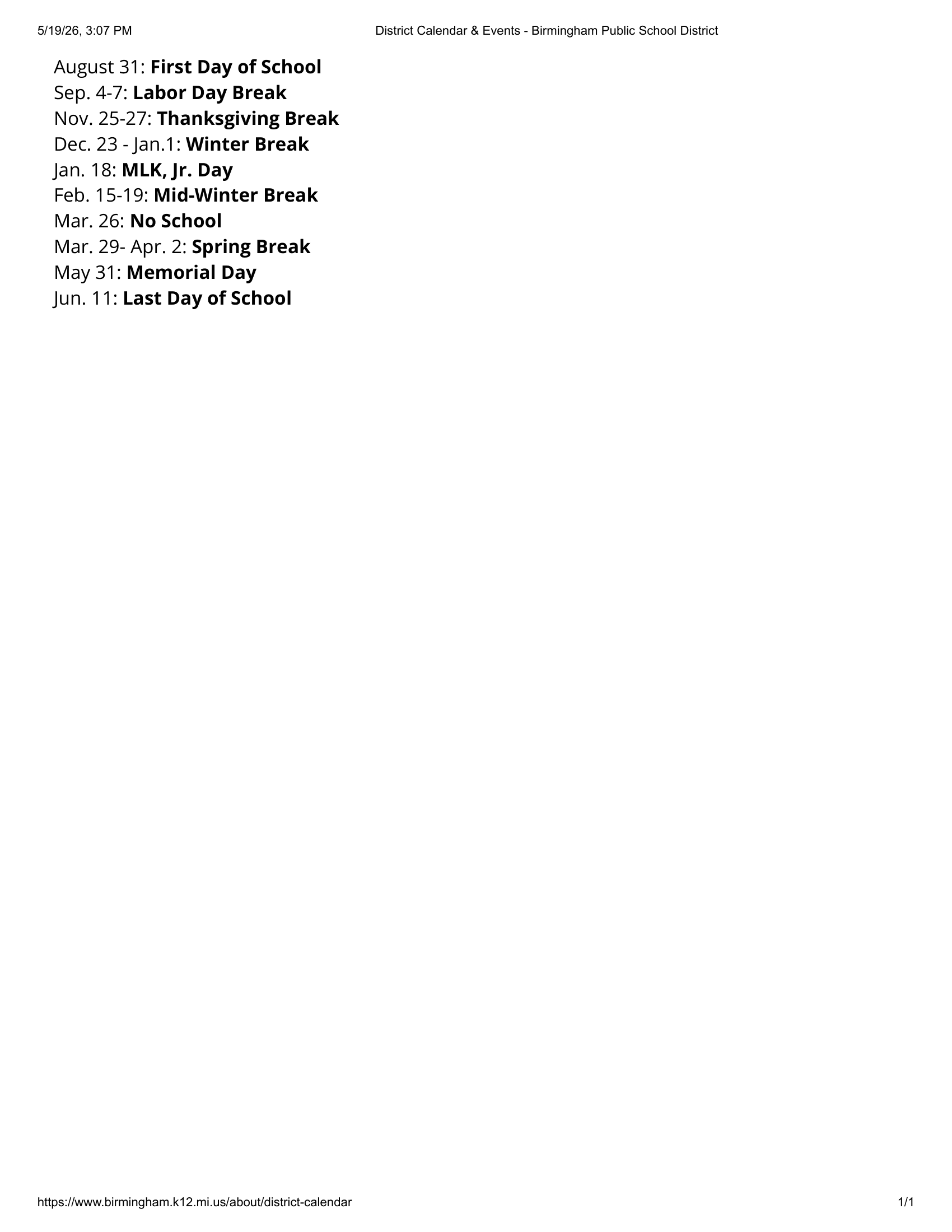 Birmingham Public School District Calendar 20-21 Revised