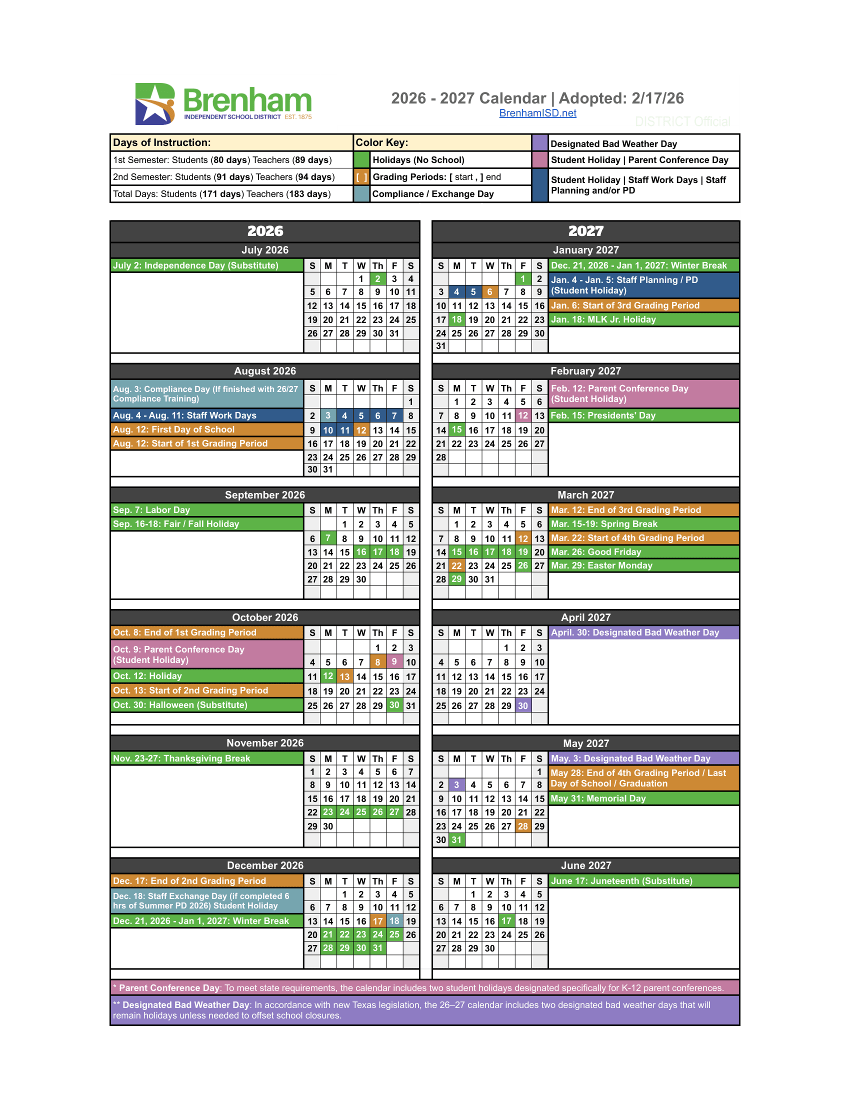 Brenham Independent School District Calendar 26-27 Revised PDF