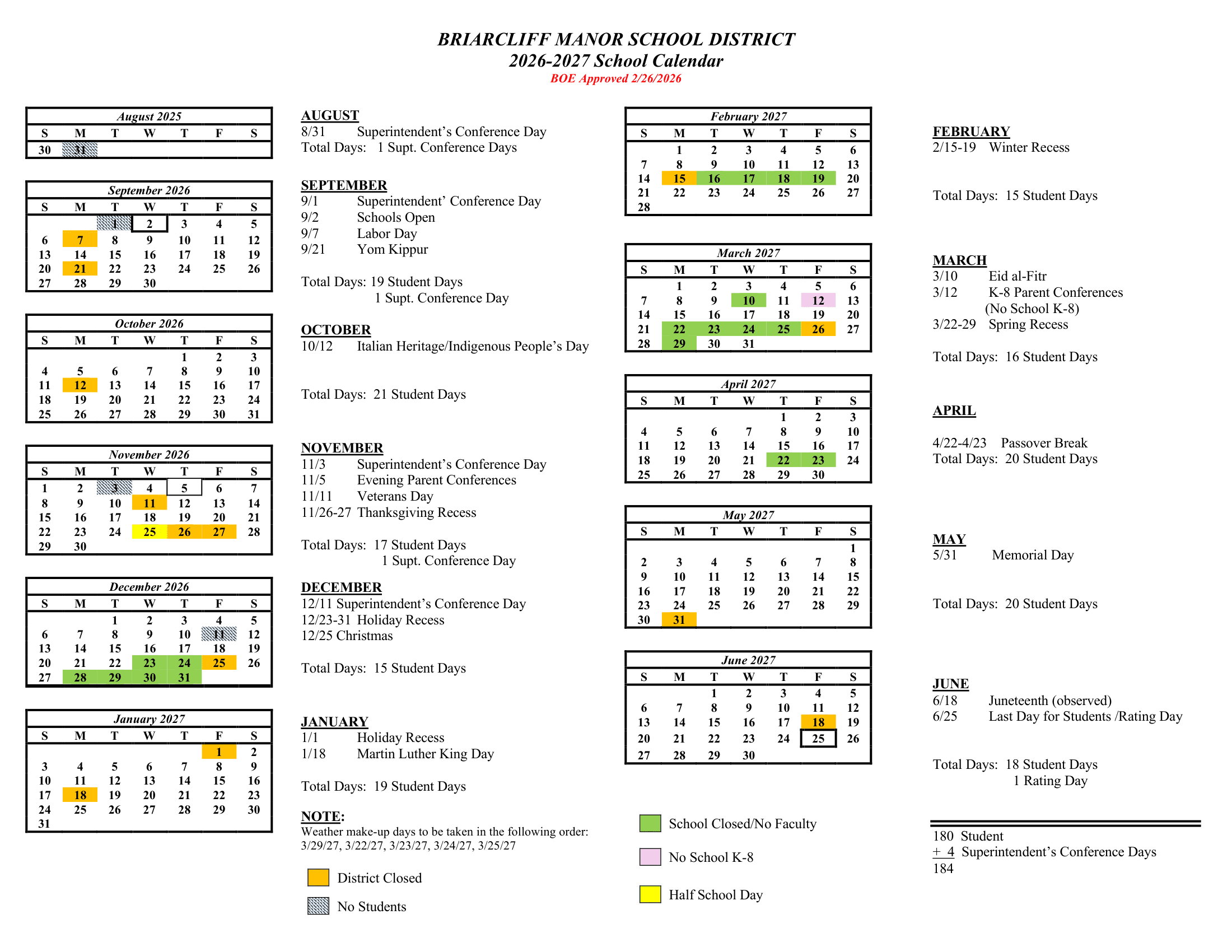 Briarcliff Manor School District Calendar 26-27 Revised