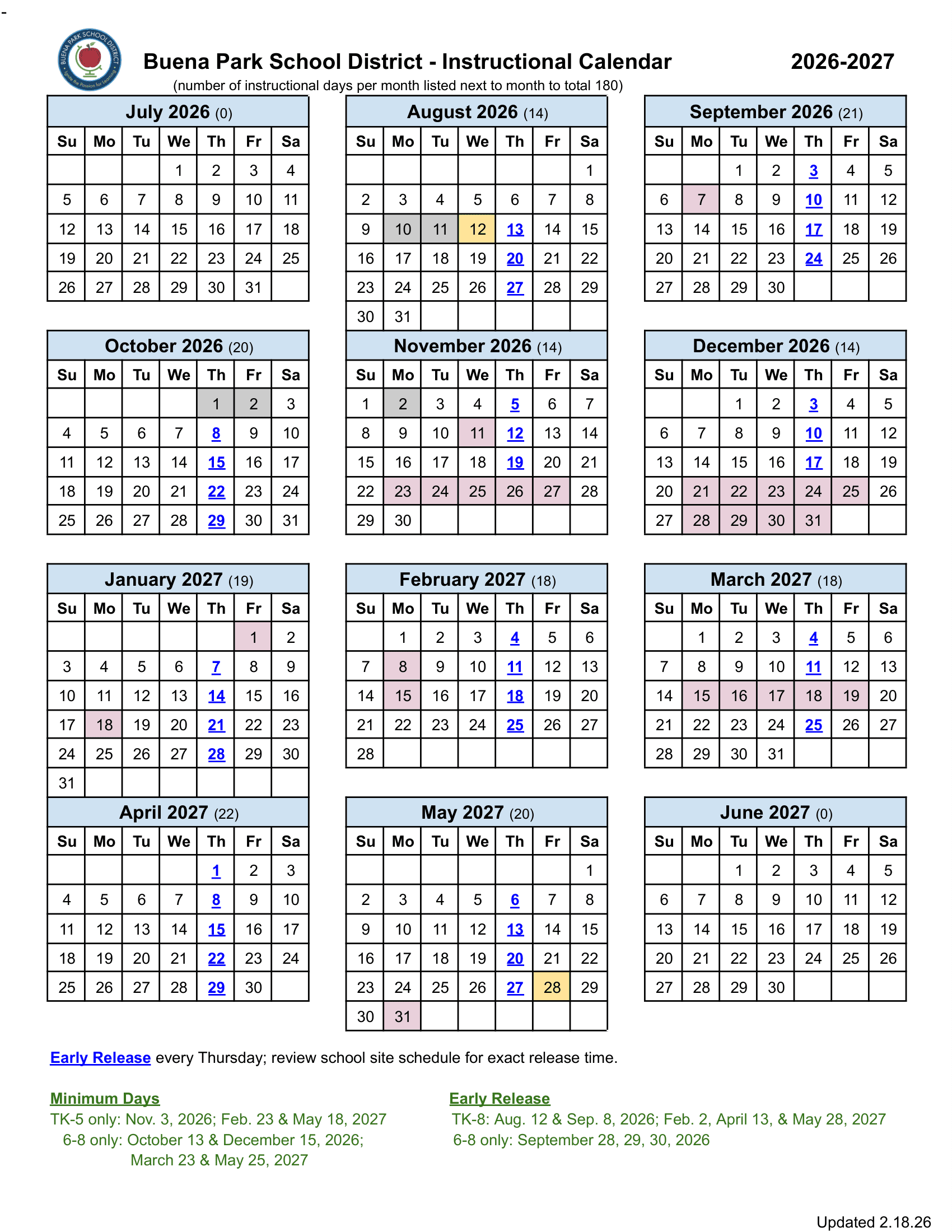 Buena Park School District Calendar 26-27 Revised