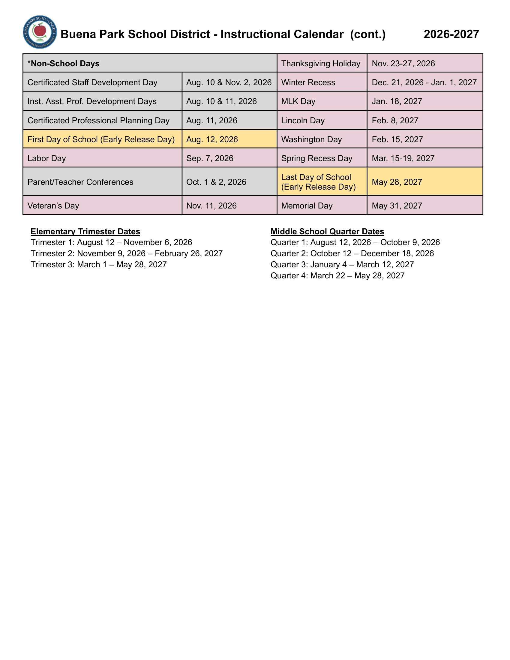 Buena Park School District Calendar 26-27 Revised