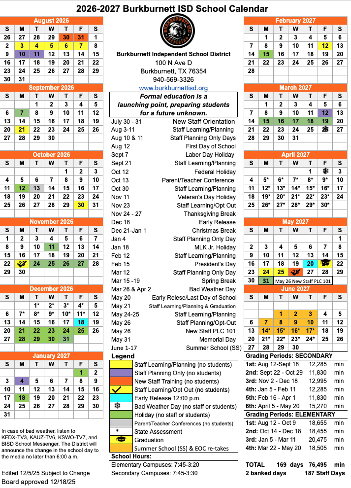 Burkburnett Independent School District Calendar 26-27 Revised PDF