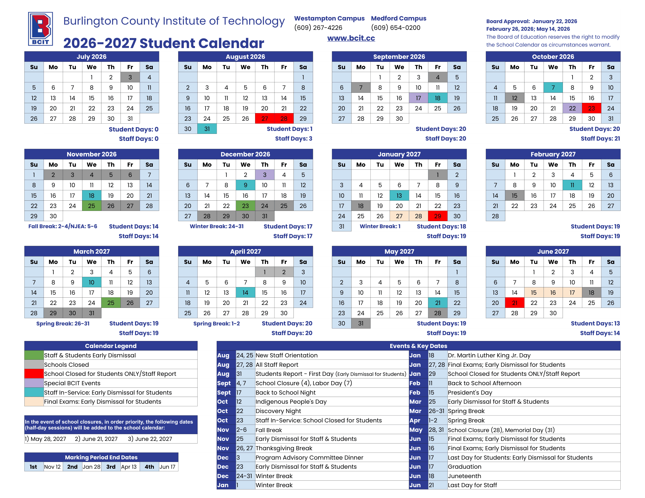 Burlington County Institute of Technology Calendar 26-27 Revised