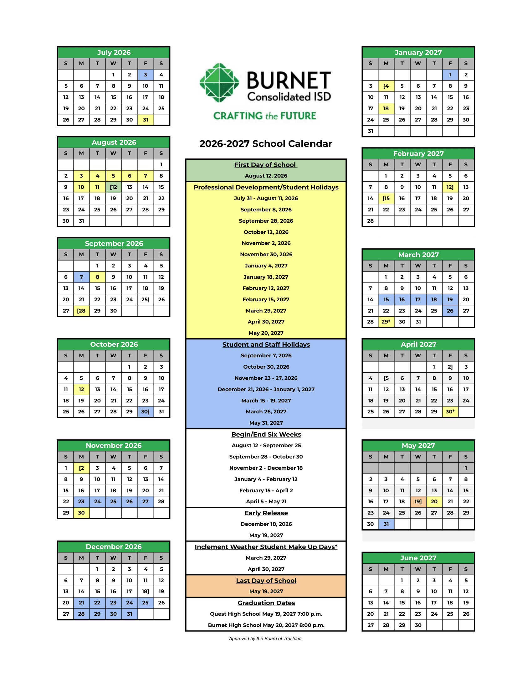 Burnet Consolidated ISD Calendar 26-27 Revised PDF