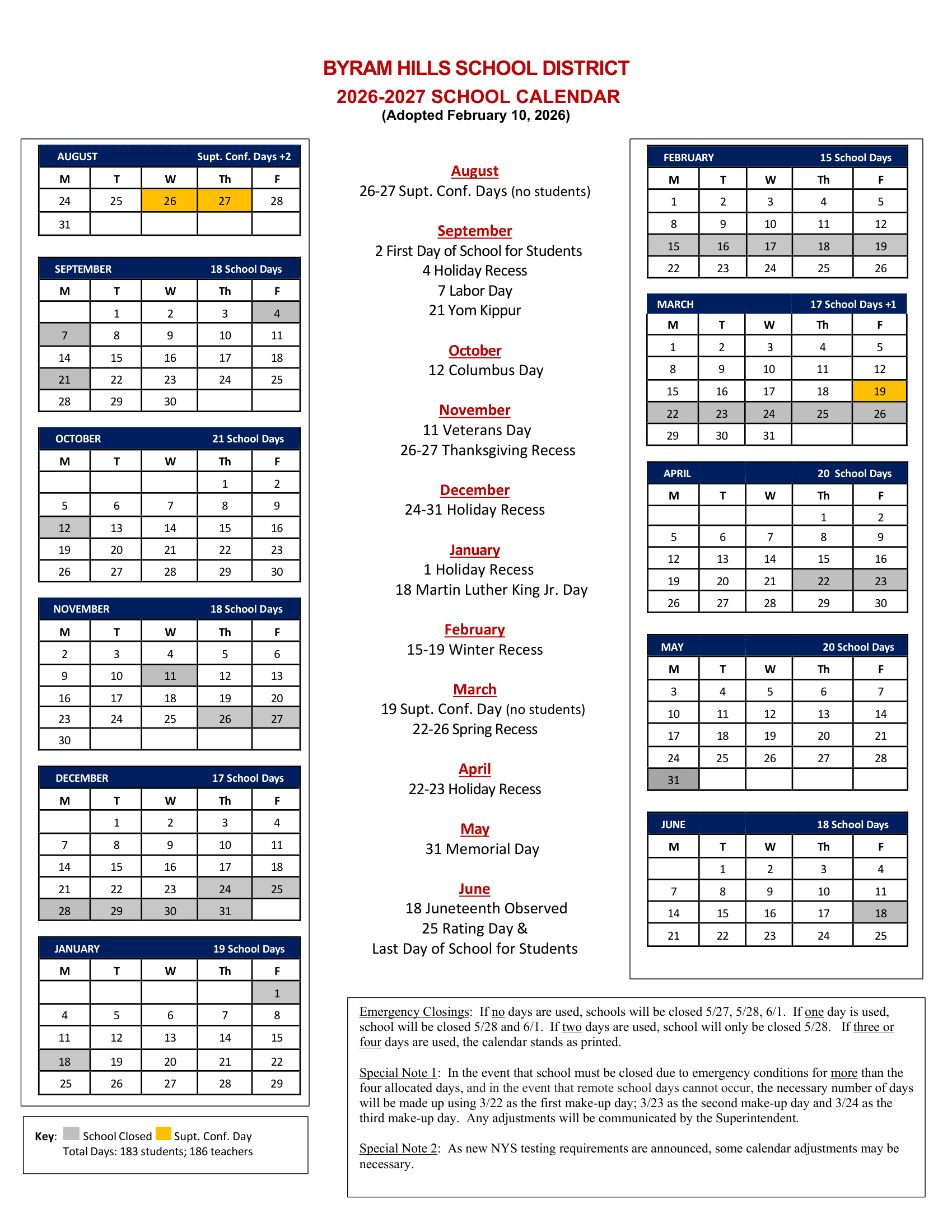 Byram Hills School District Calendar 26-27 Revised