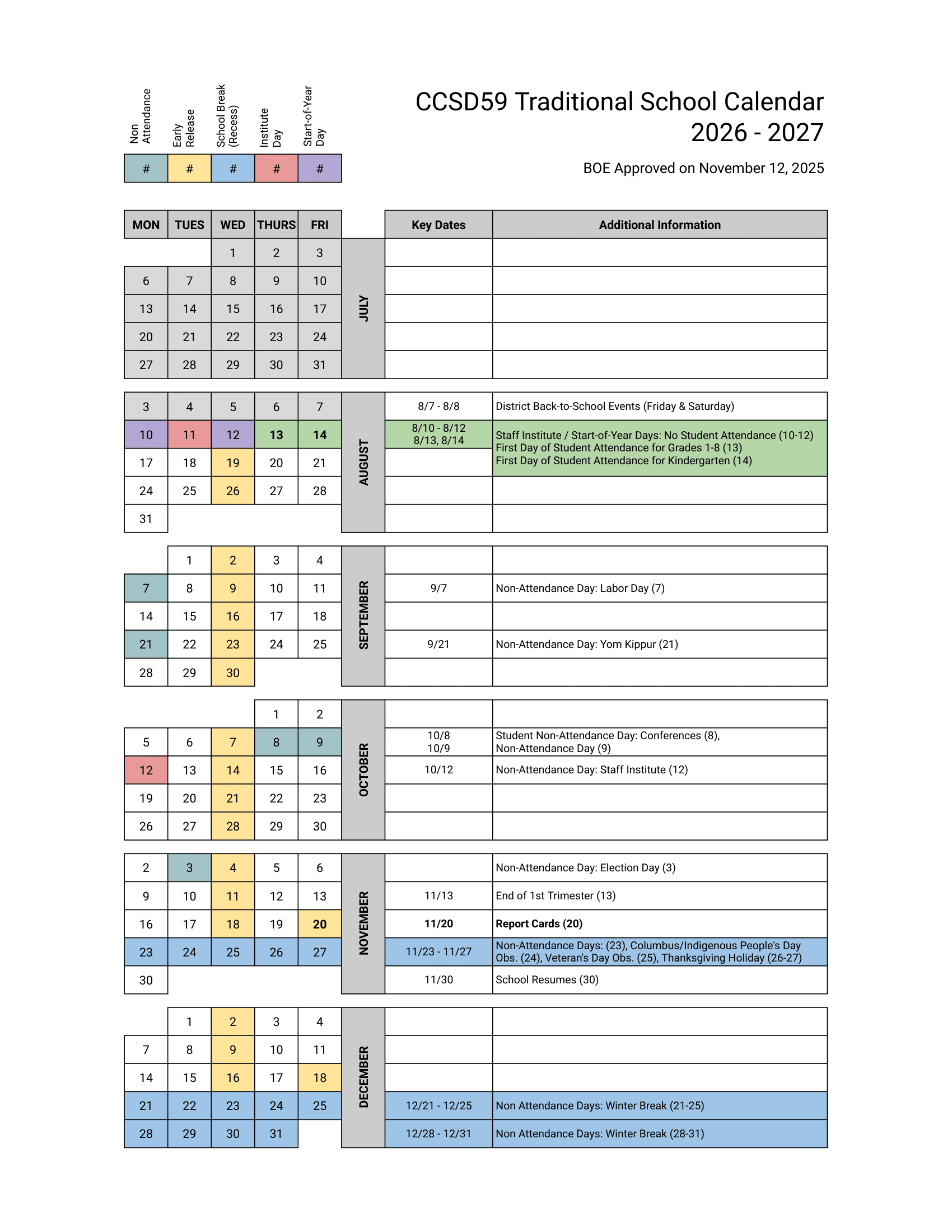 CCSD59 Traditional School Calendar Calendar 26-27 Revised