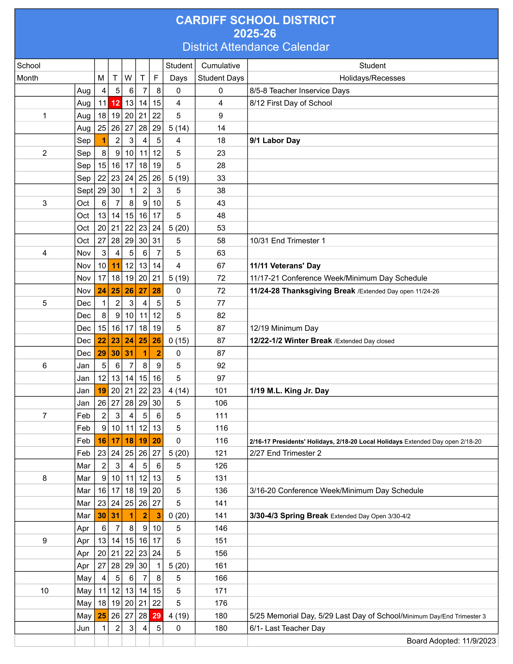Cardiff School District Calendar 25-26 Revised