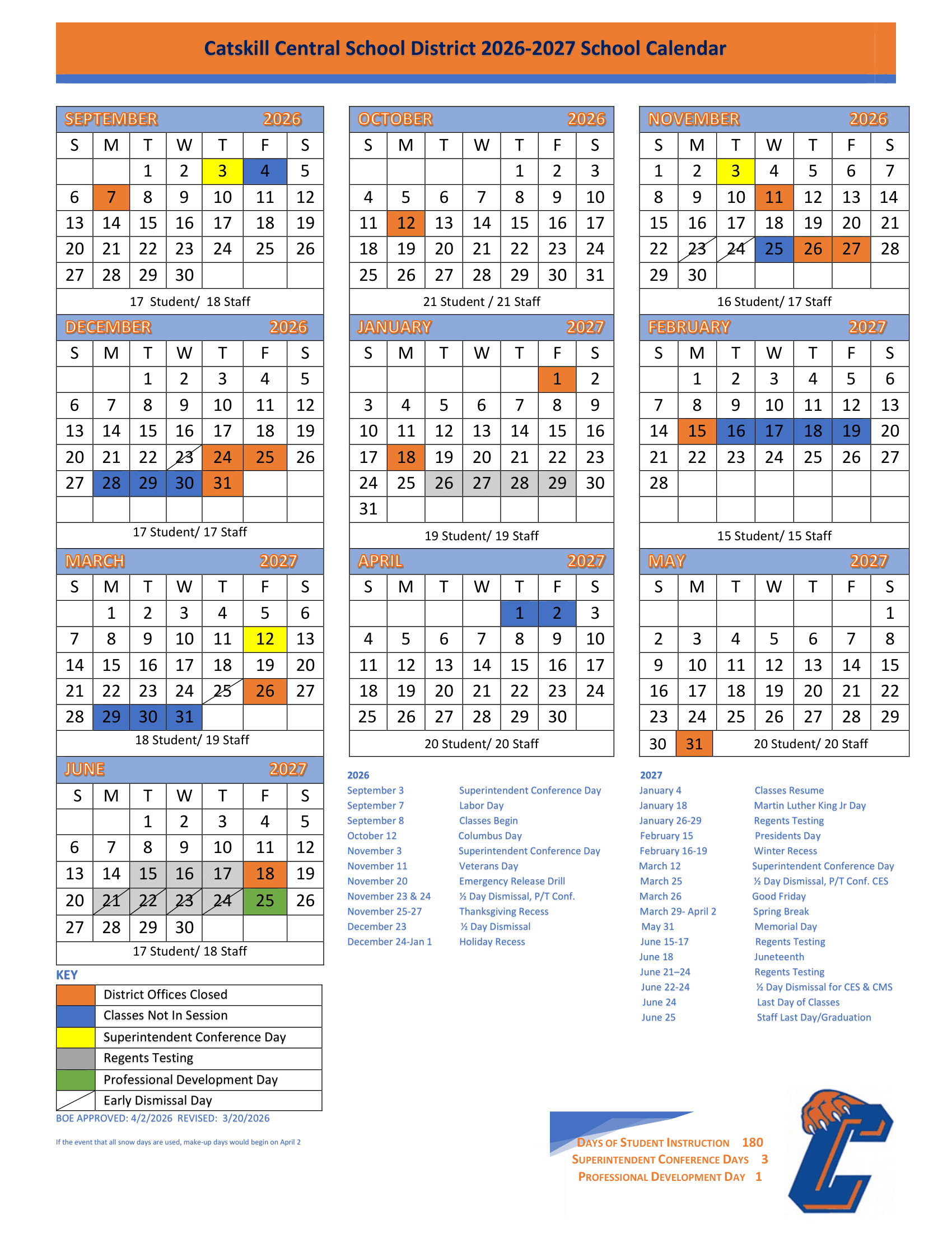 Catskill Central School District Calendar 26-27 Revised