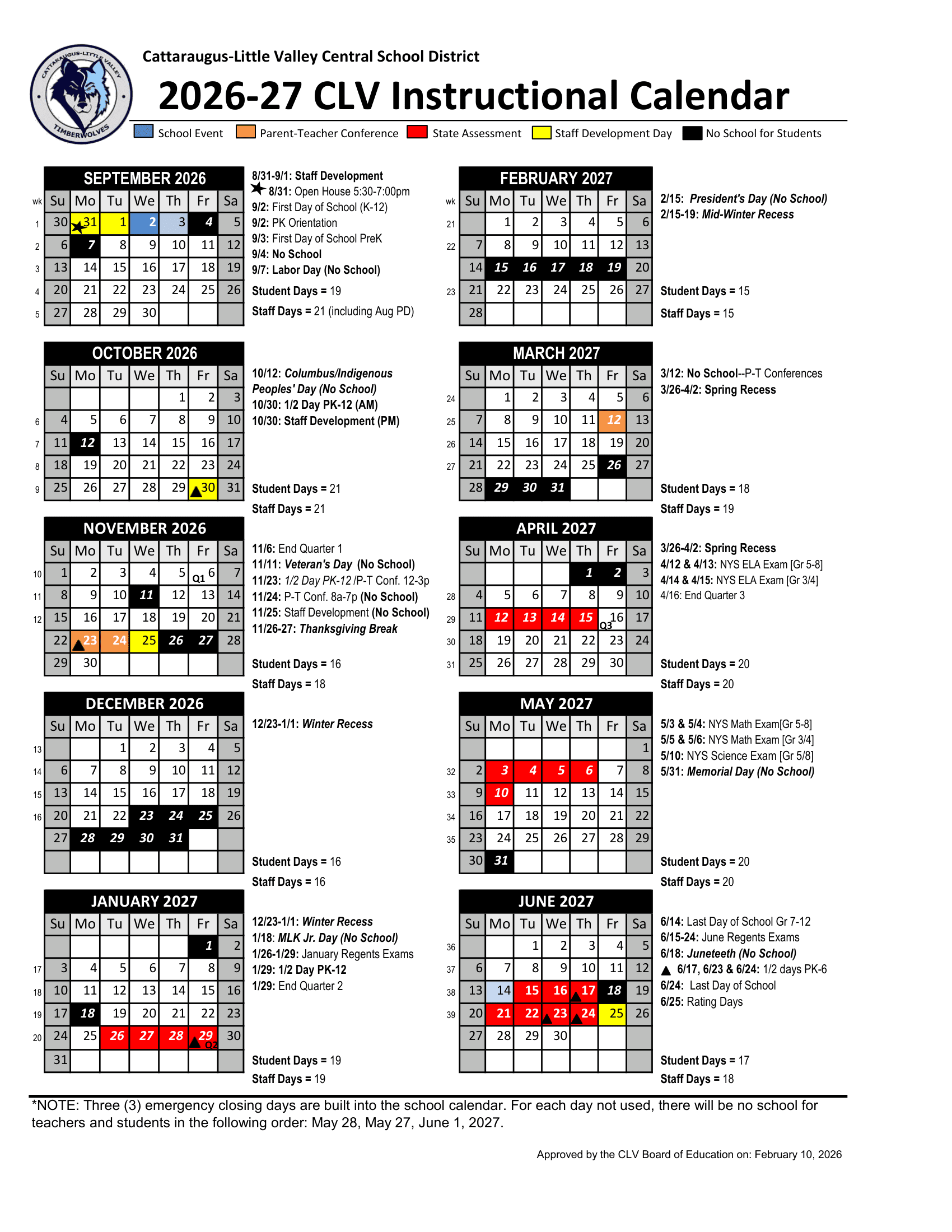 Cattaraugus-Little Valley Central School District Calendar 26-27 Revised