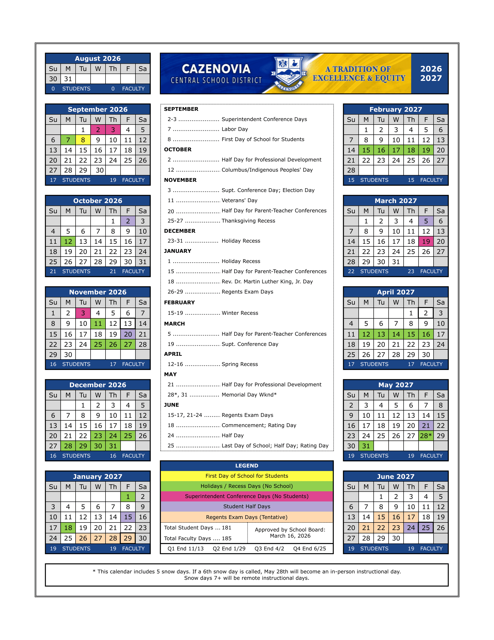 Cazenovia Central School District Calendar 26-27 Revised