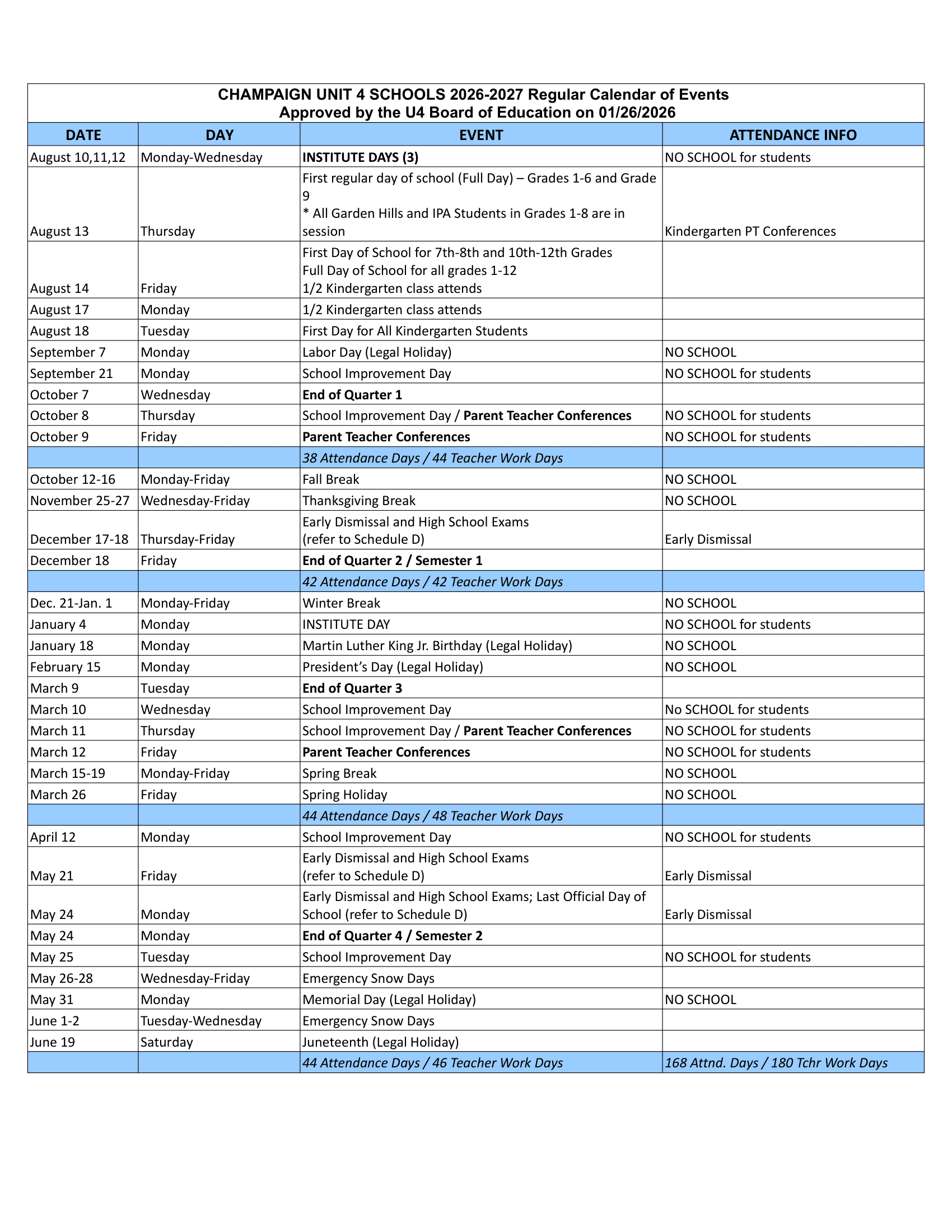 Champaign Unit 4 Schools Calendar 26-27 Revised