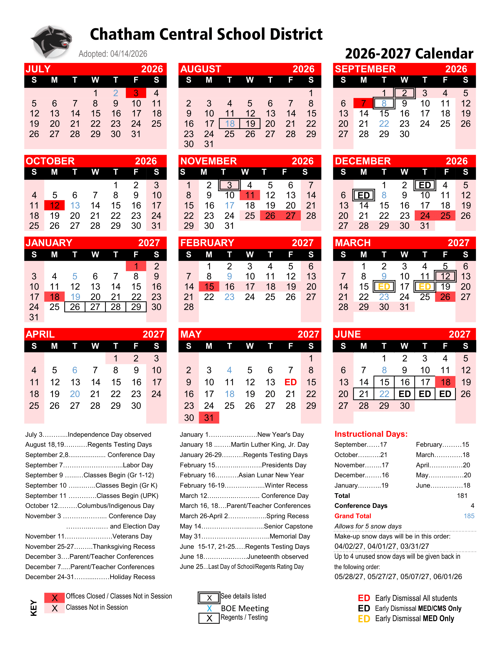 Chatham Central School District Calendar 26-27 Revised