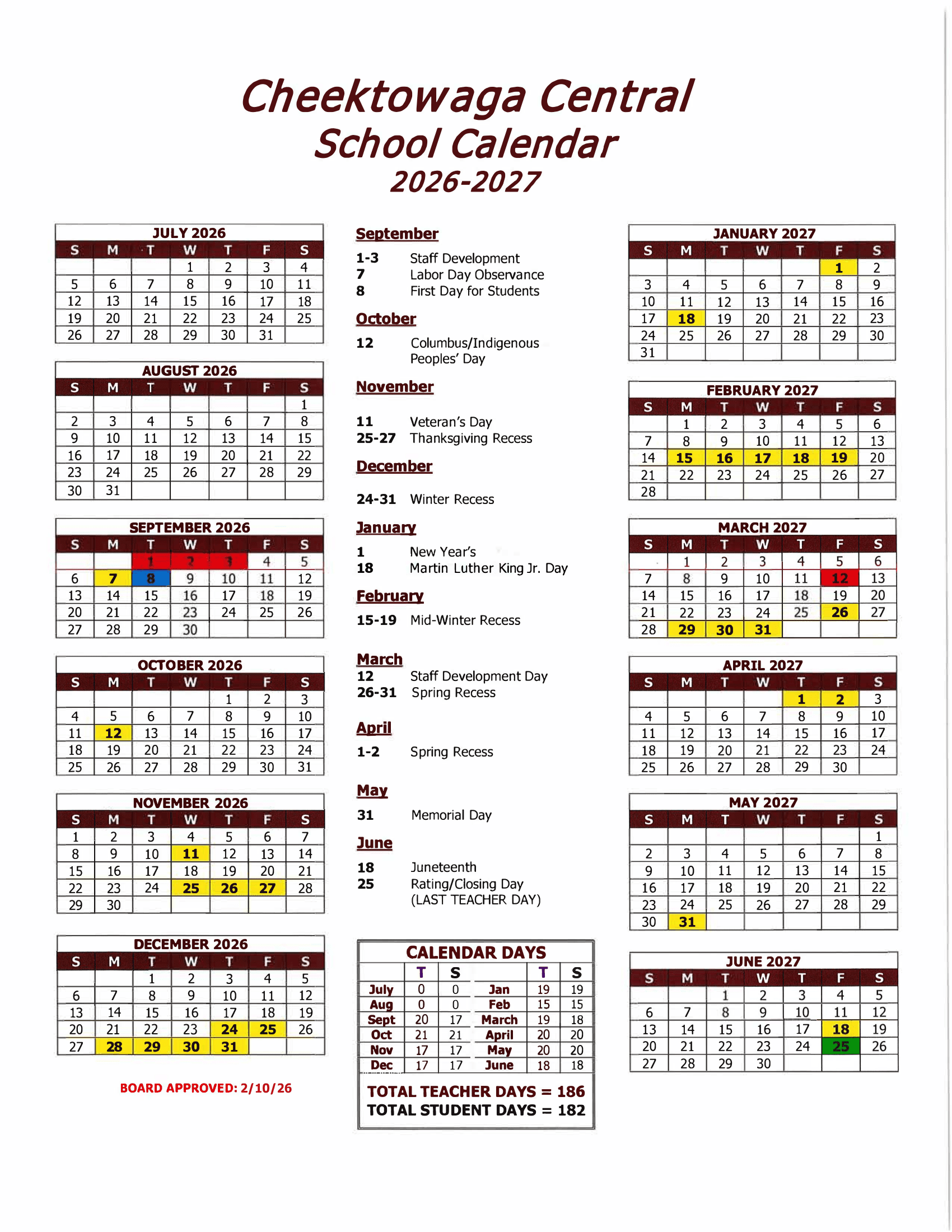 Cheektowaga Central School District Calendar 26-27 Revised