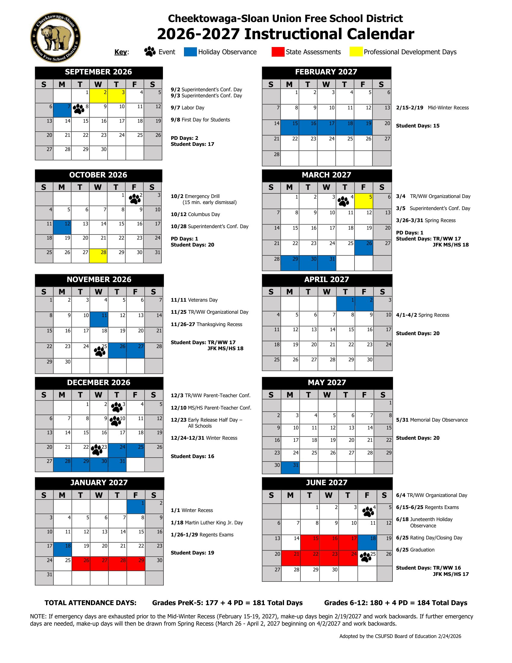 Cheektowaga-Sloan Union Free School District Calendar 26-27 Revised