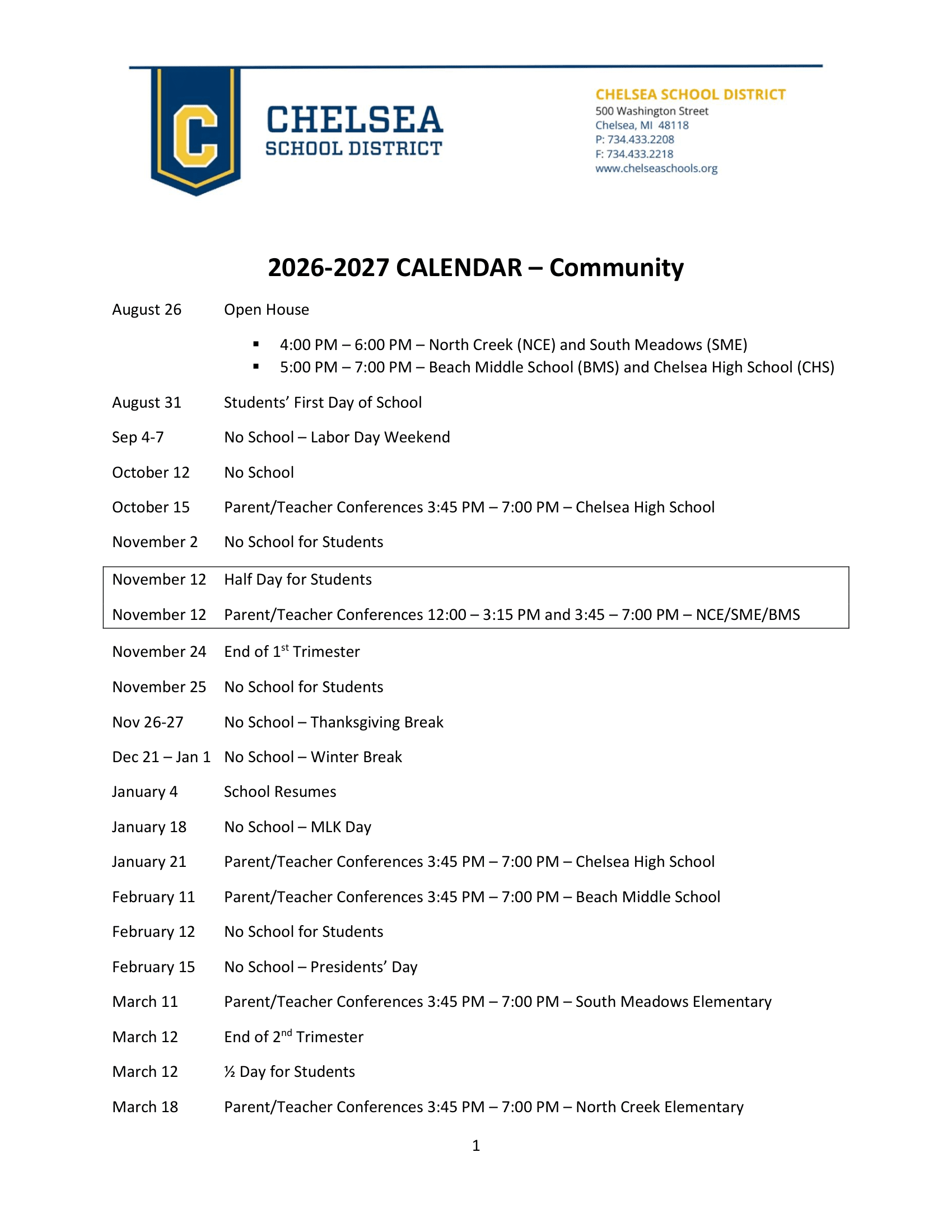 Chelsea School District Calendar 26-27 Revised