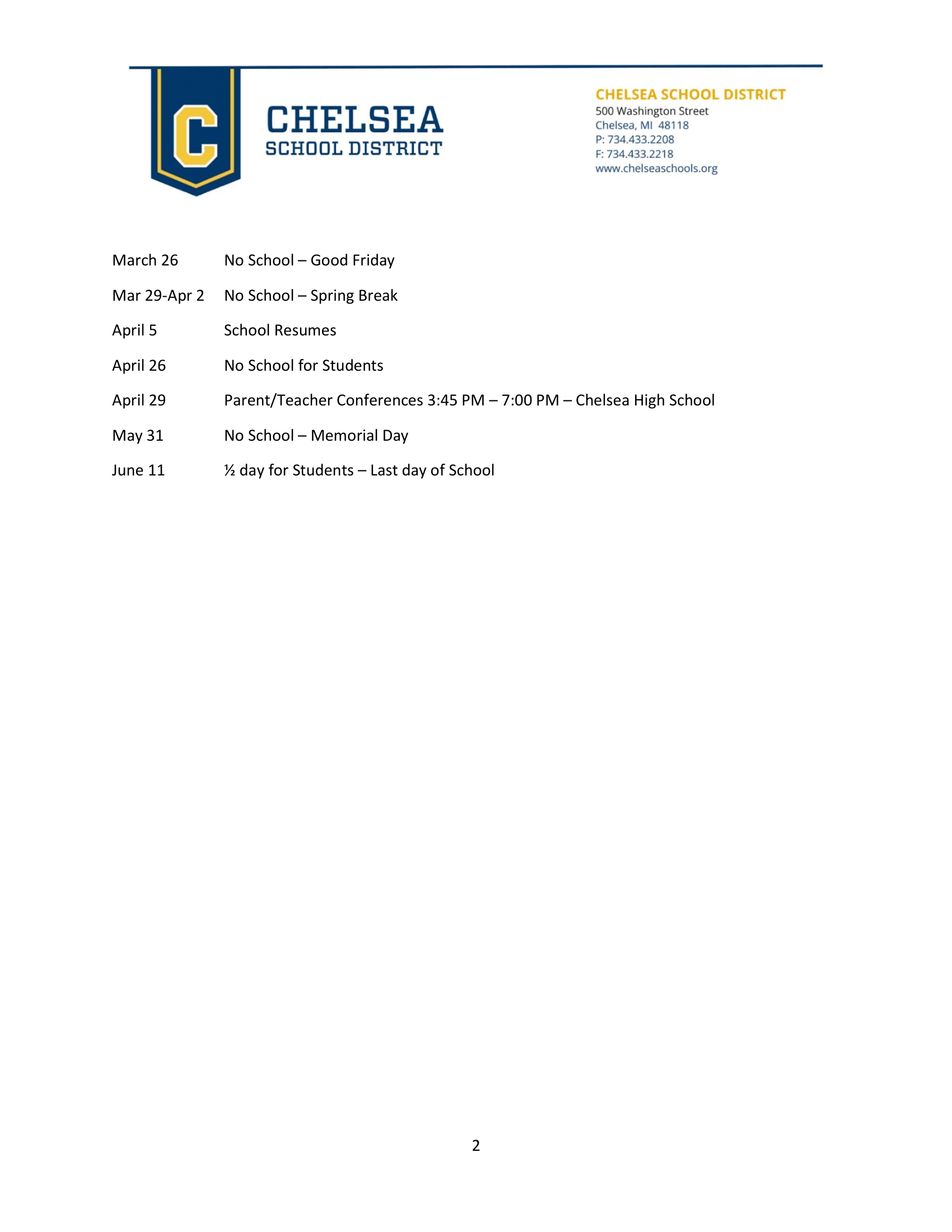 Chelsea School District Calendar 26-27 Revised