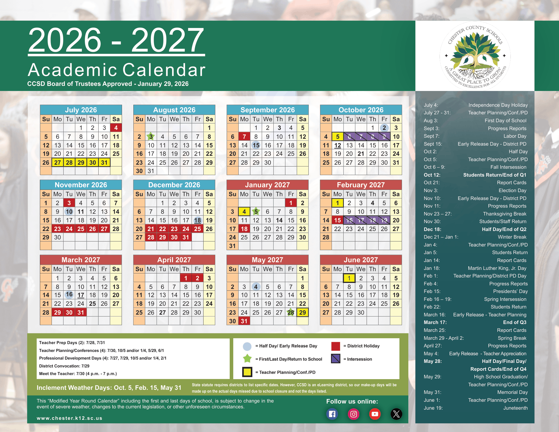 Chester County School District (CCSD) Calendar 26-27 Revised