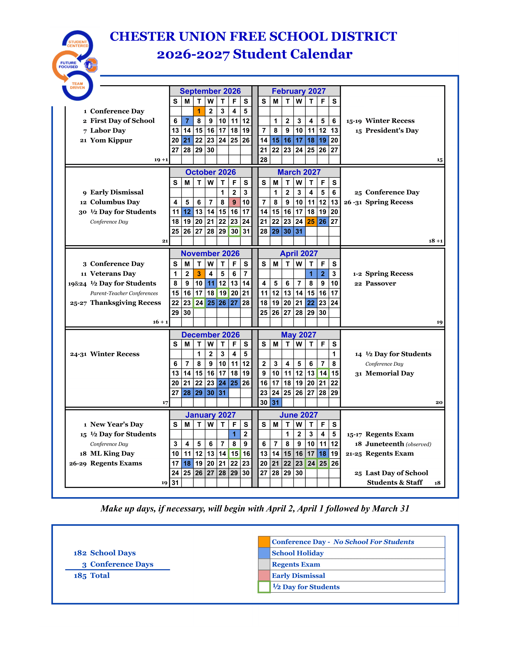Chester Union Free School District Calendar 26-27 Revised