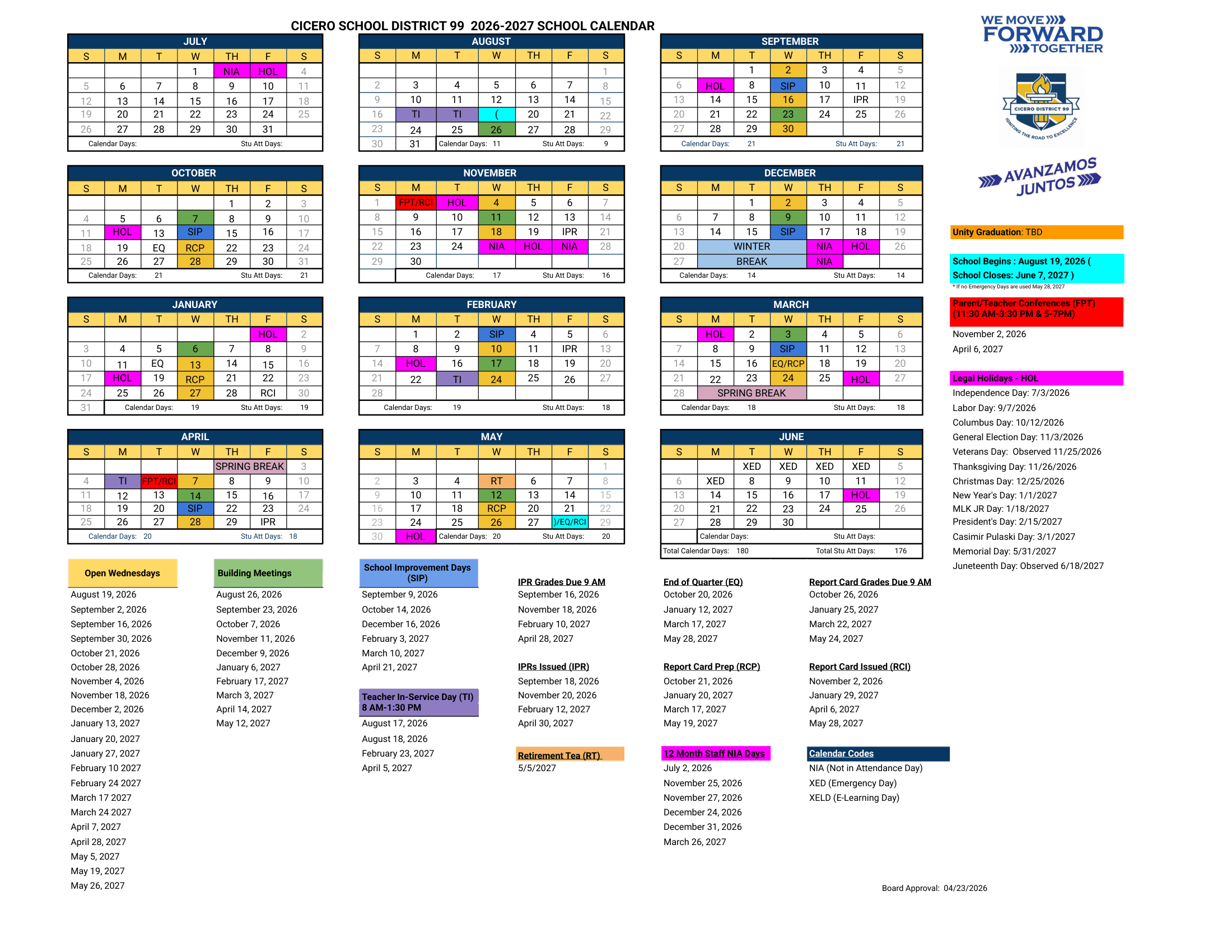 Cicero School District 99 Calendar 26-27 Revised