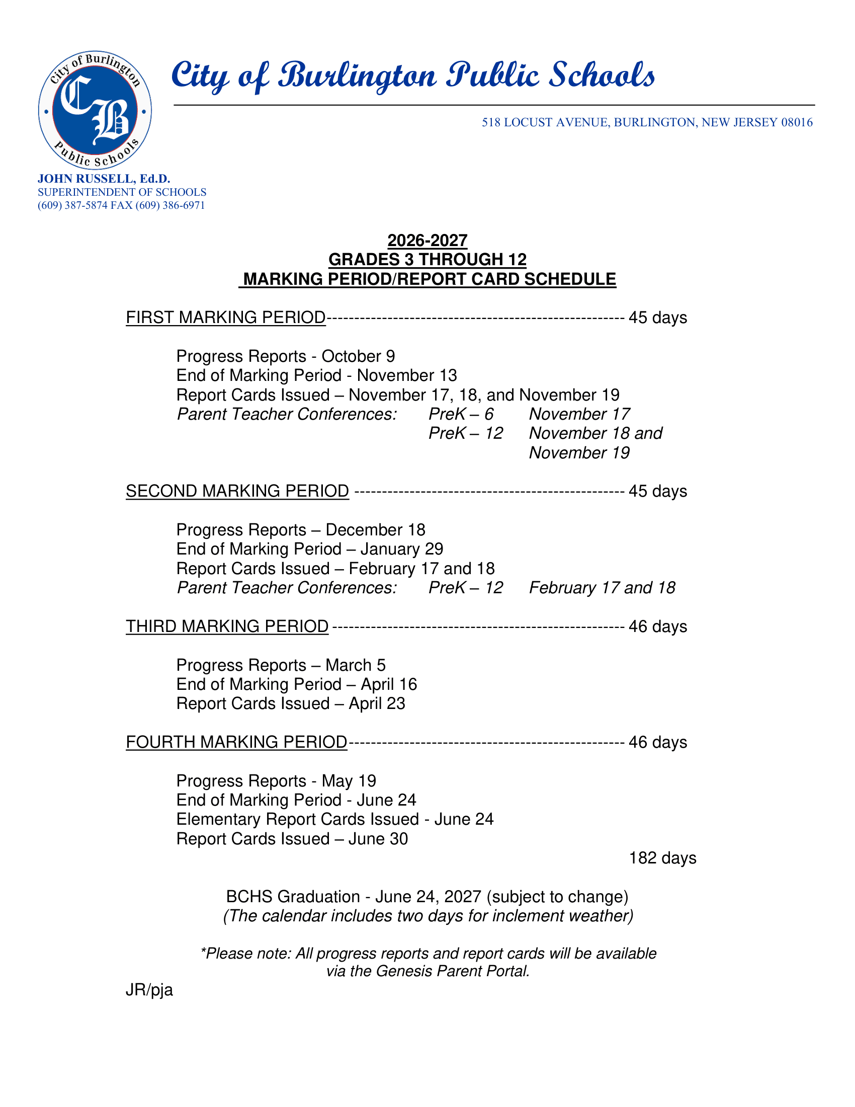 City of Burlington Public Schools Calendar 26-27 Revised