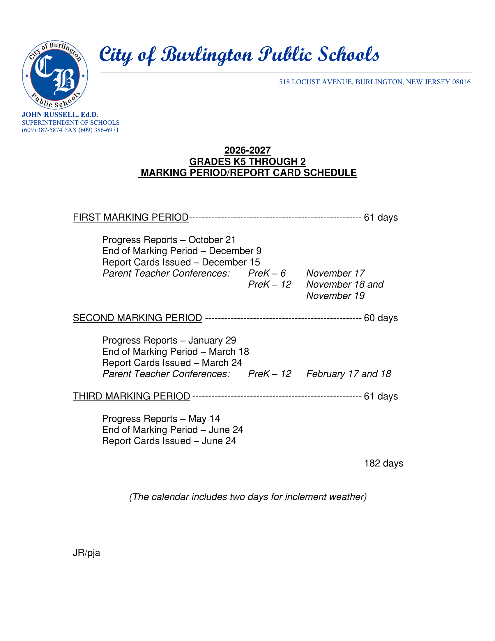 City of Burlington Public Schools Calendar 26-27 Revised