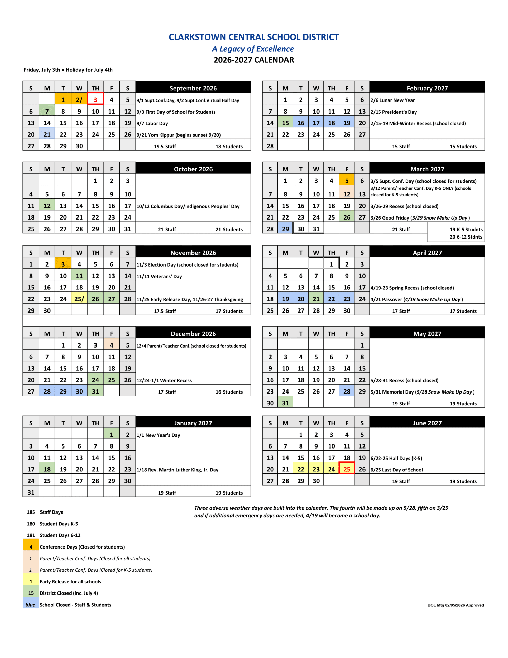 Clarkstown Central School District Calendar 26-27 Revised