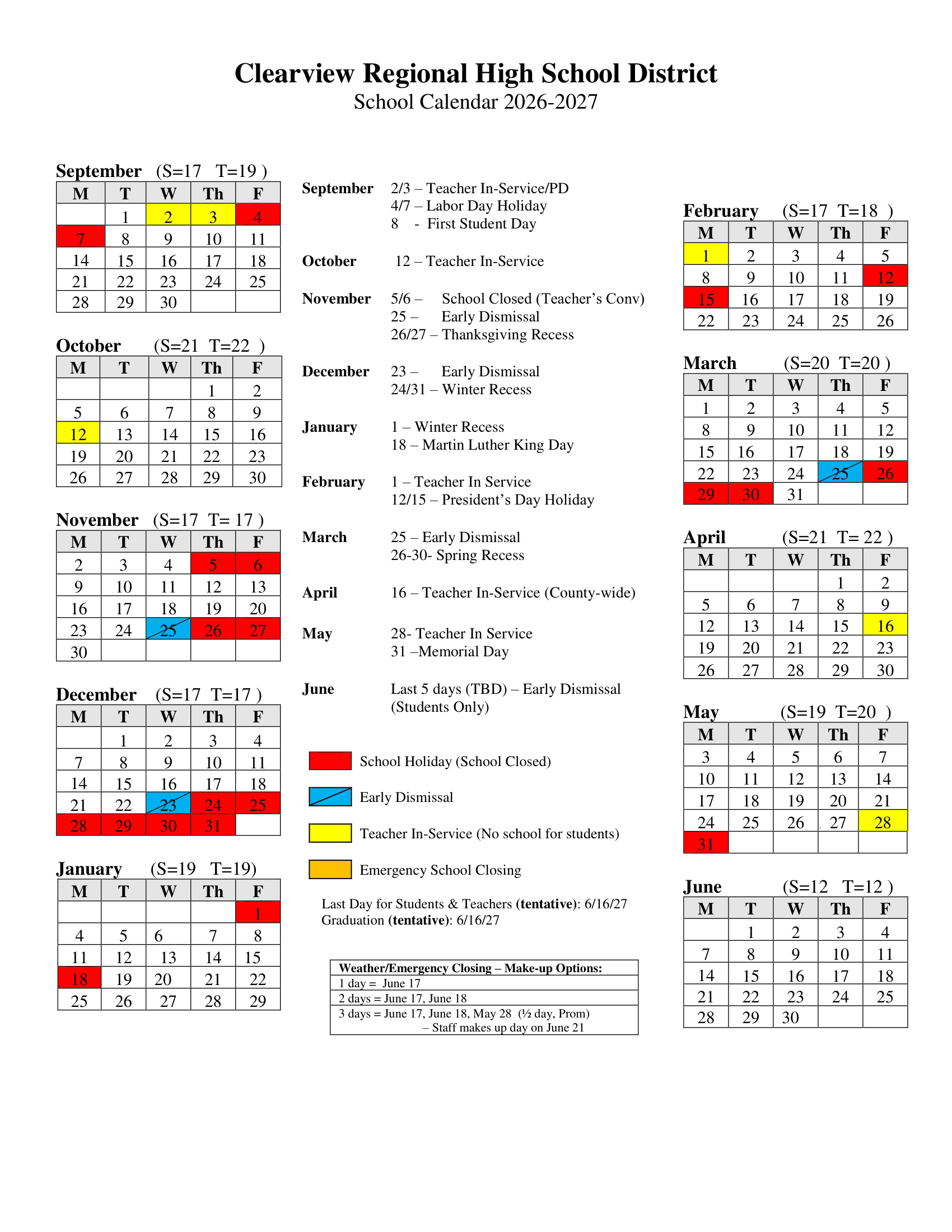 Clearview Regional High School District Calendar 26-27 Revised