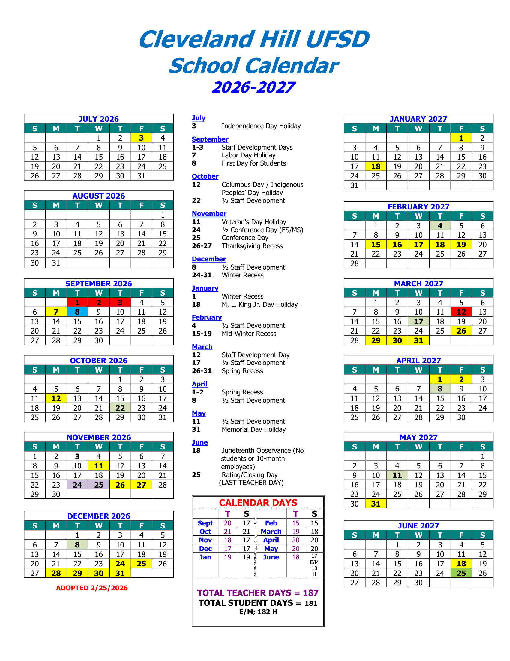 Cleveland Hill UFSD Calendar 26-27 Revised