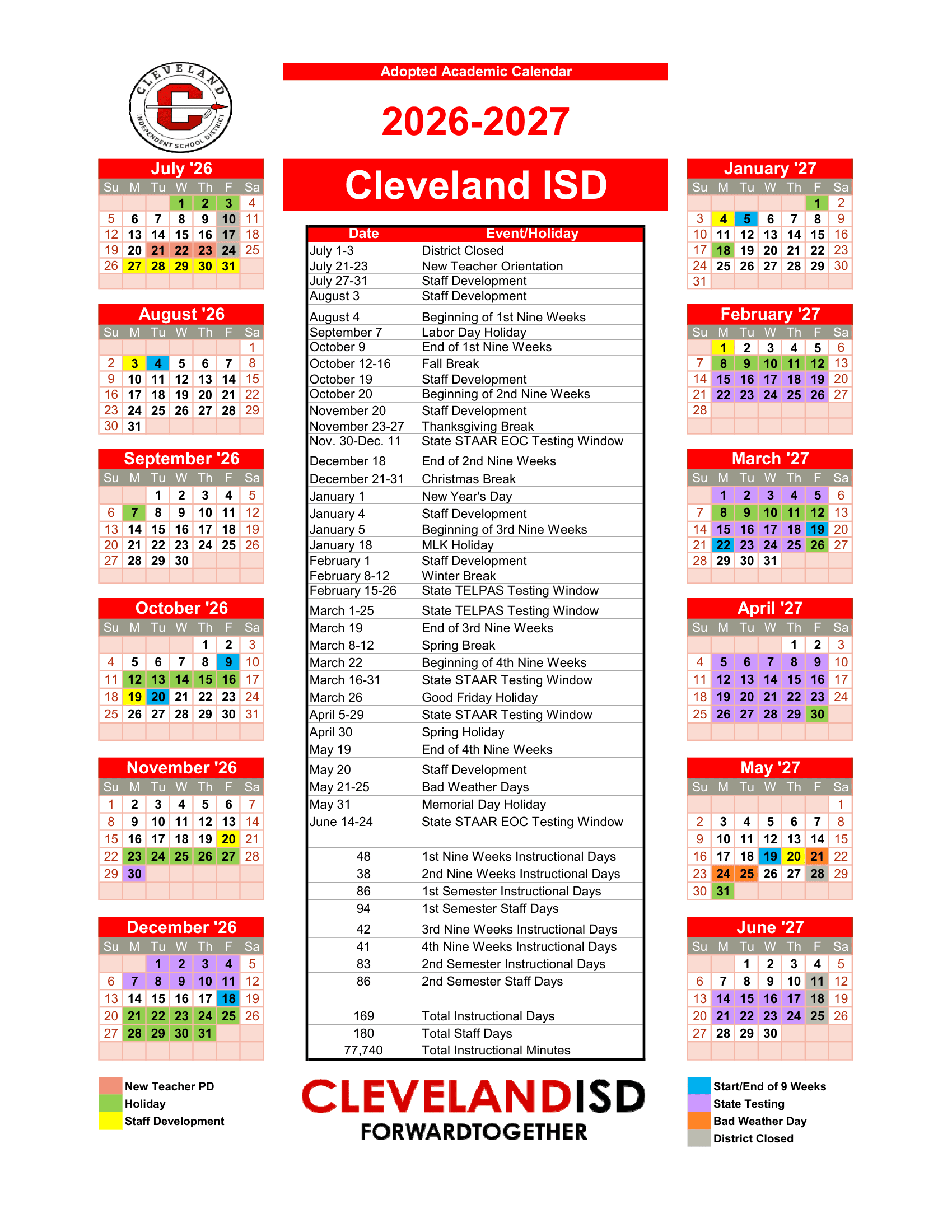 Cleveland ISD Calendar 26-27 Revised PDF