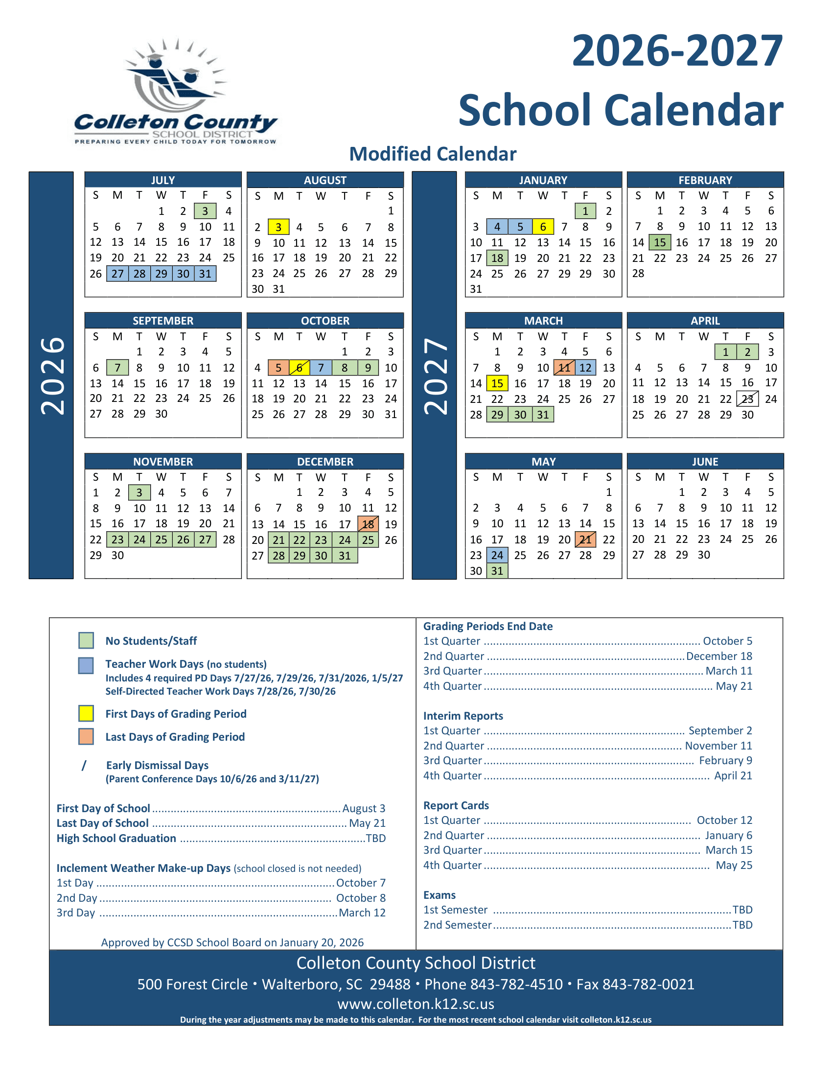 Colleton County School District Calendar 26-27 Revised