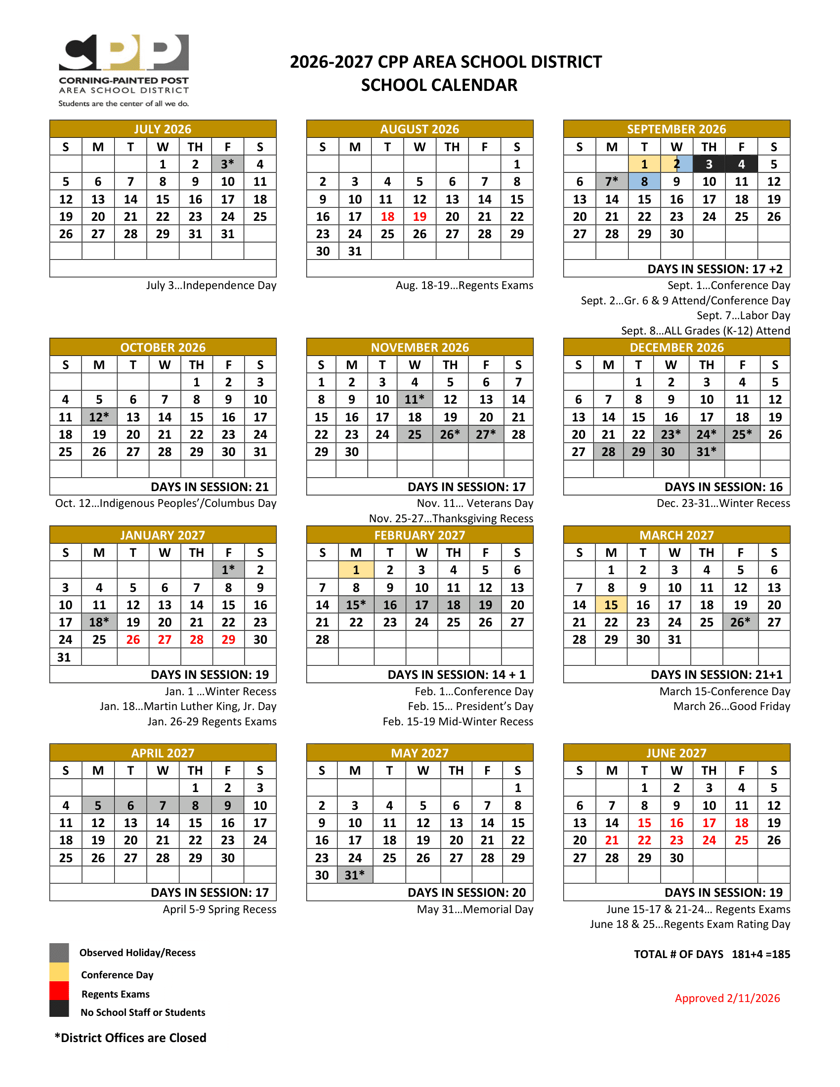 Corning-Painted Post Area School District Calendar 26-27 Revised