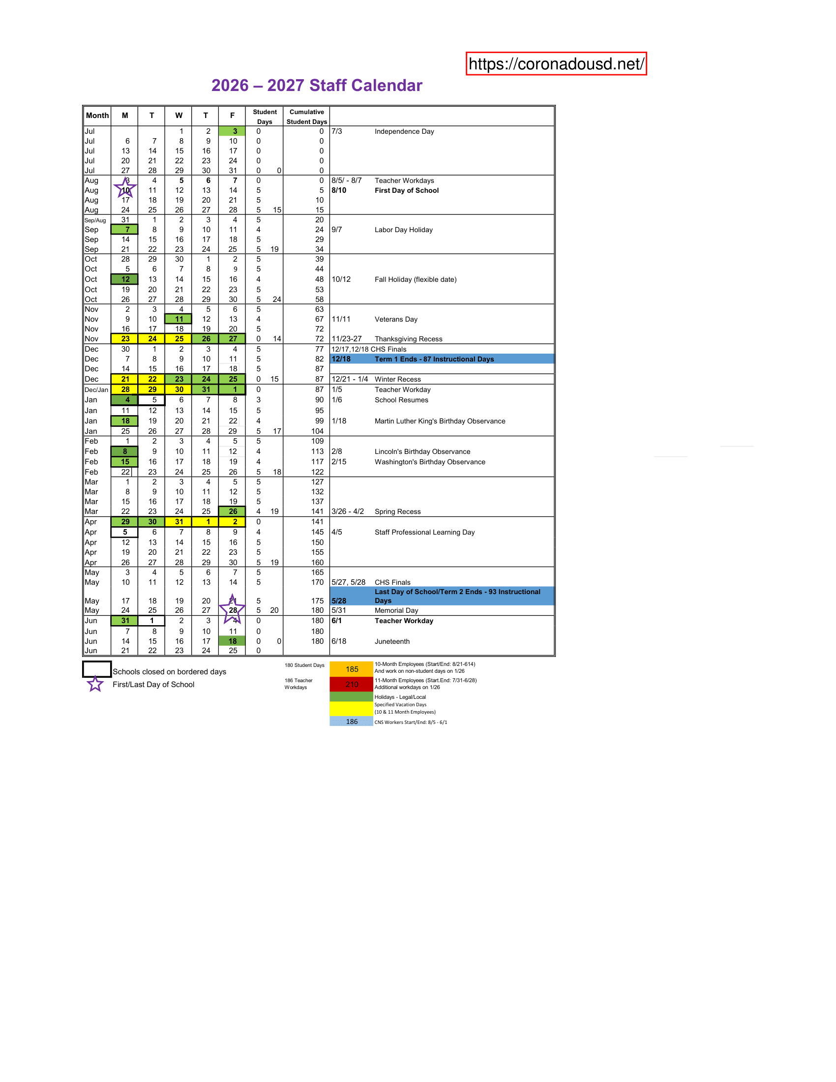 Coronado Unified School District Calendar 26-27 Revised