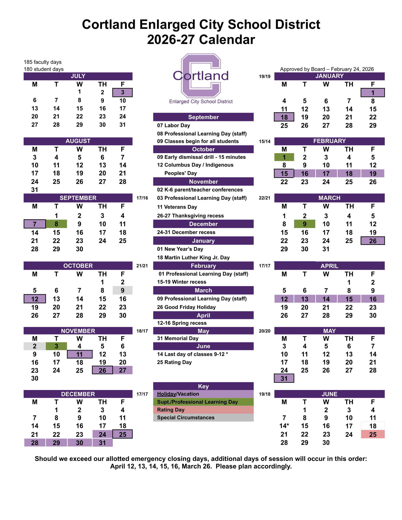 Cortland Enlarged City School District Calendar 26-27 Revised