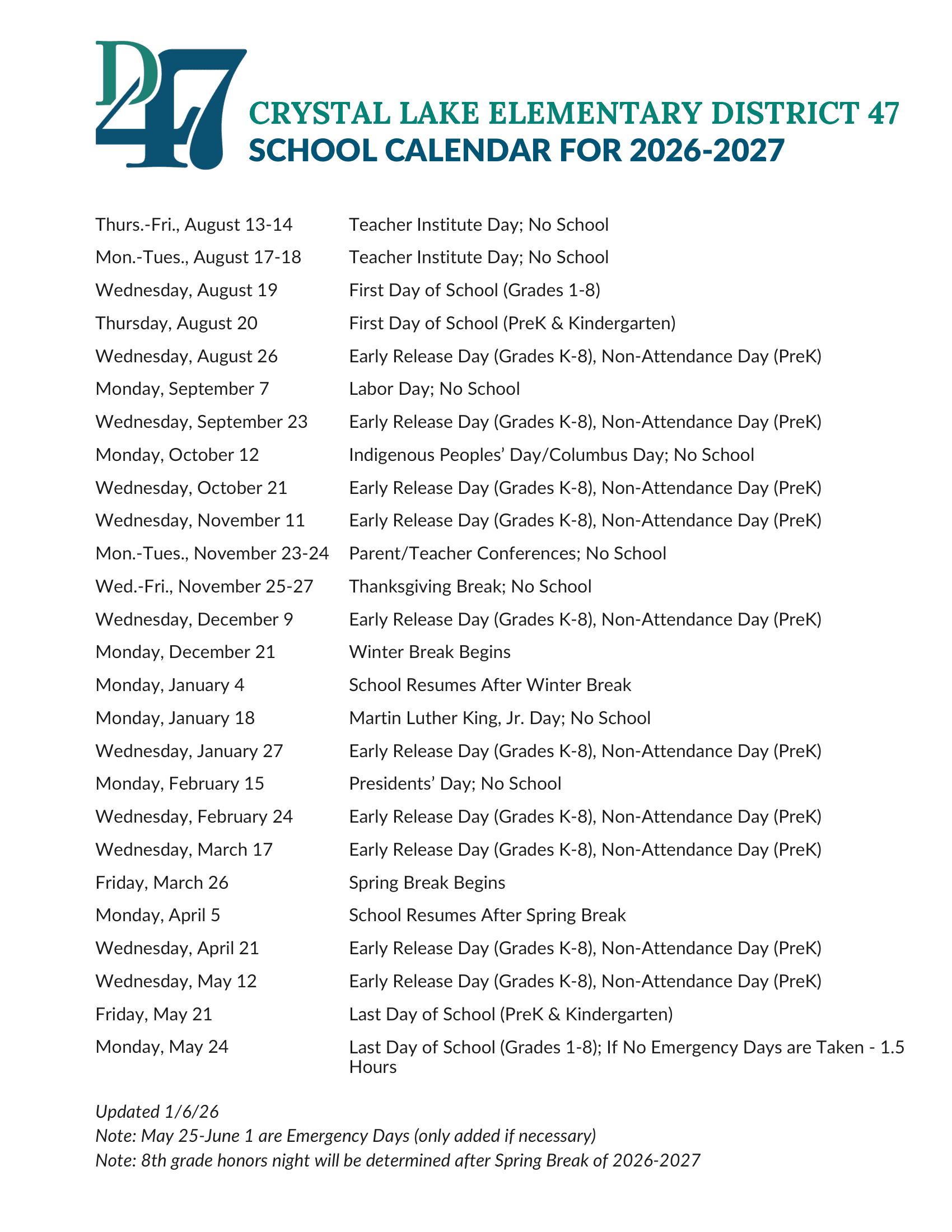 Crystal Lake Elementary District 47 Calendar 26-27 Revised