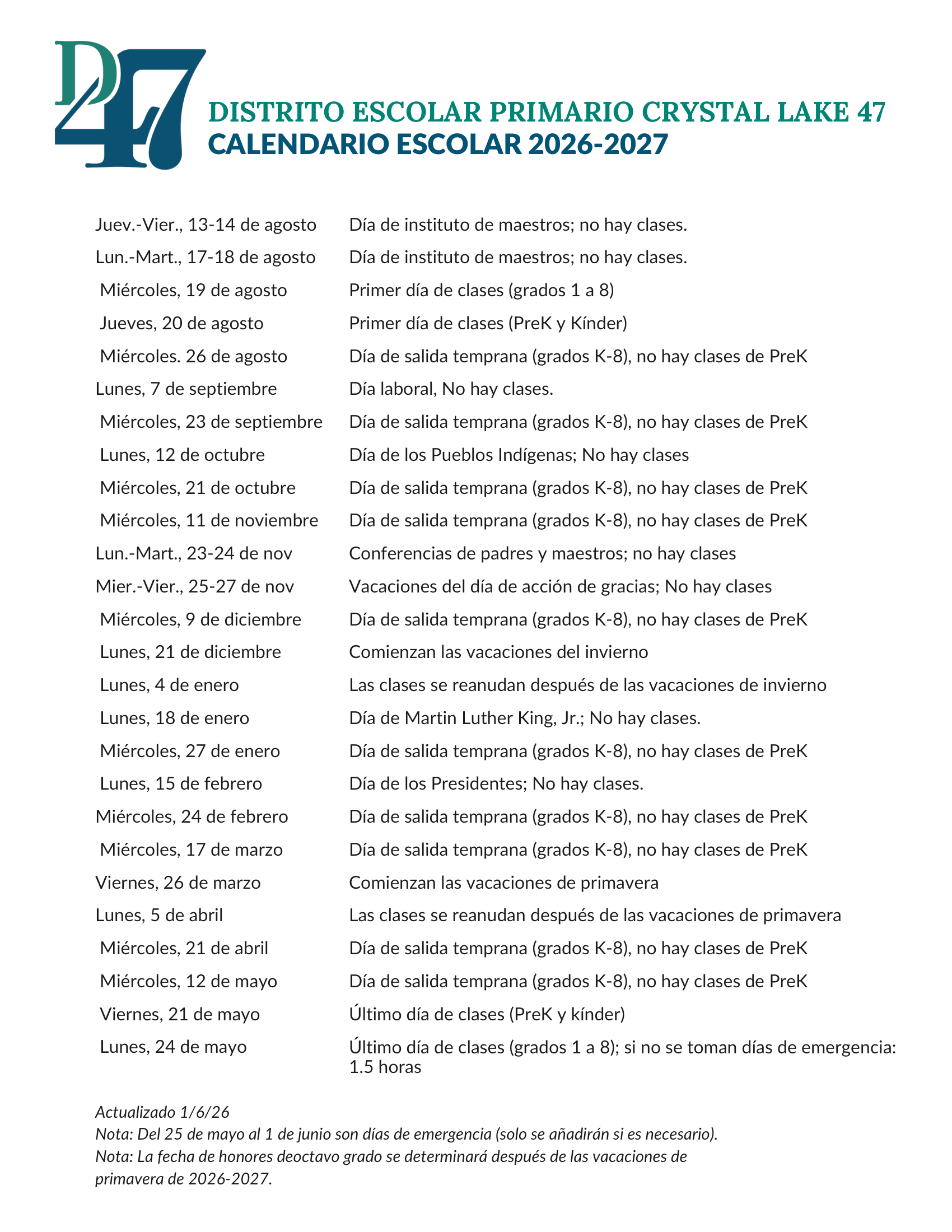 Crystal Lake Elementary District 47 Calendar 26-27 Revised
